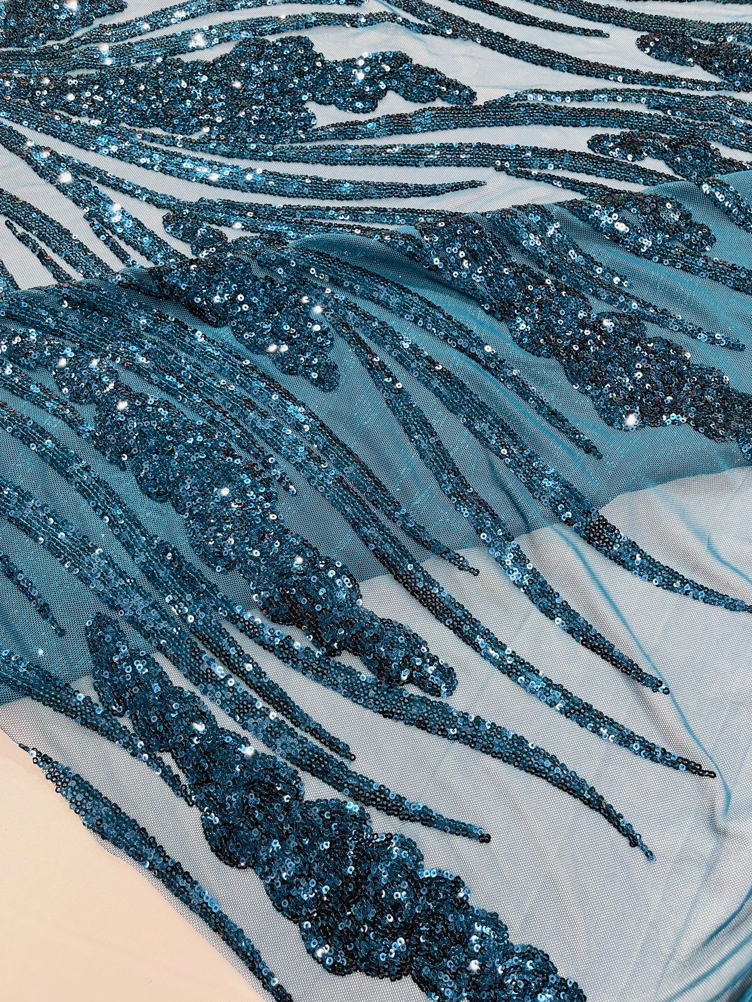 Feather damask shiny sequin design on a 4 way stretch White mesh Fabric-prom-sold by the yard.