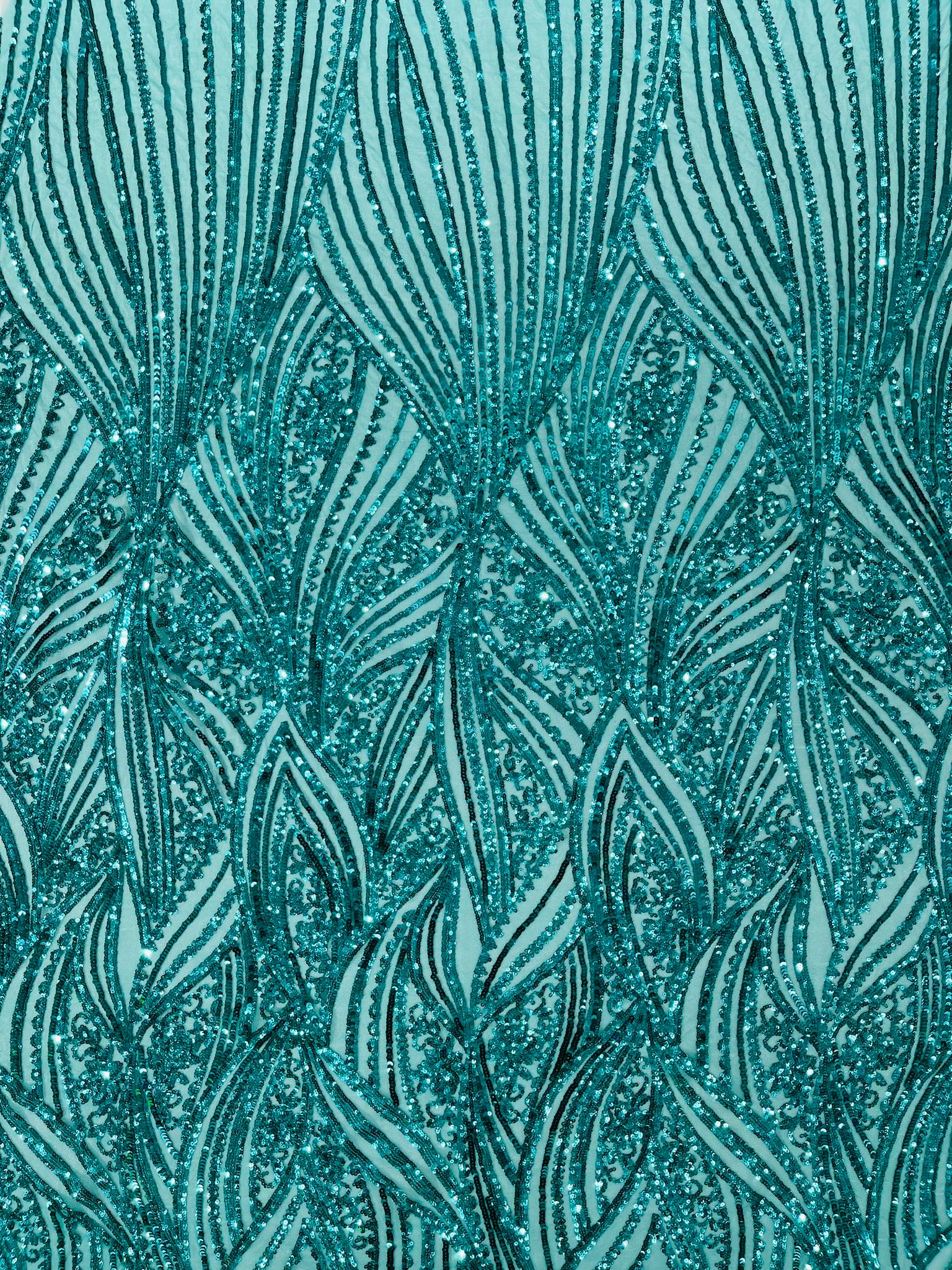 Geometric Feather wing shiny sequin design on a 4 way stretch mesh Fabric-prom-sold by the yard.