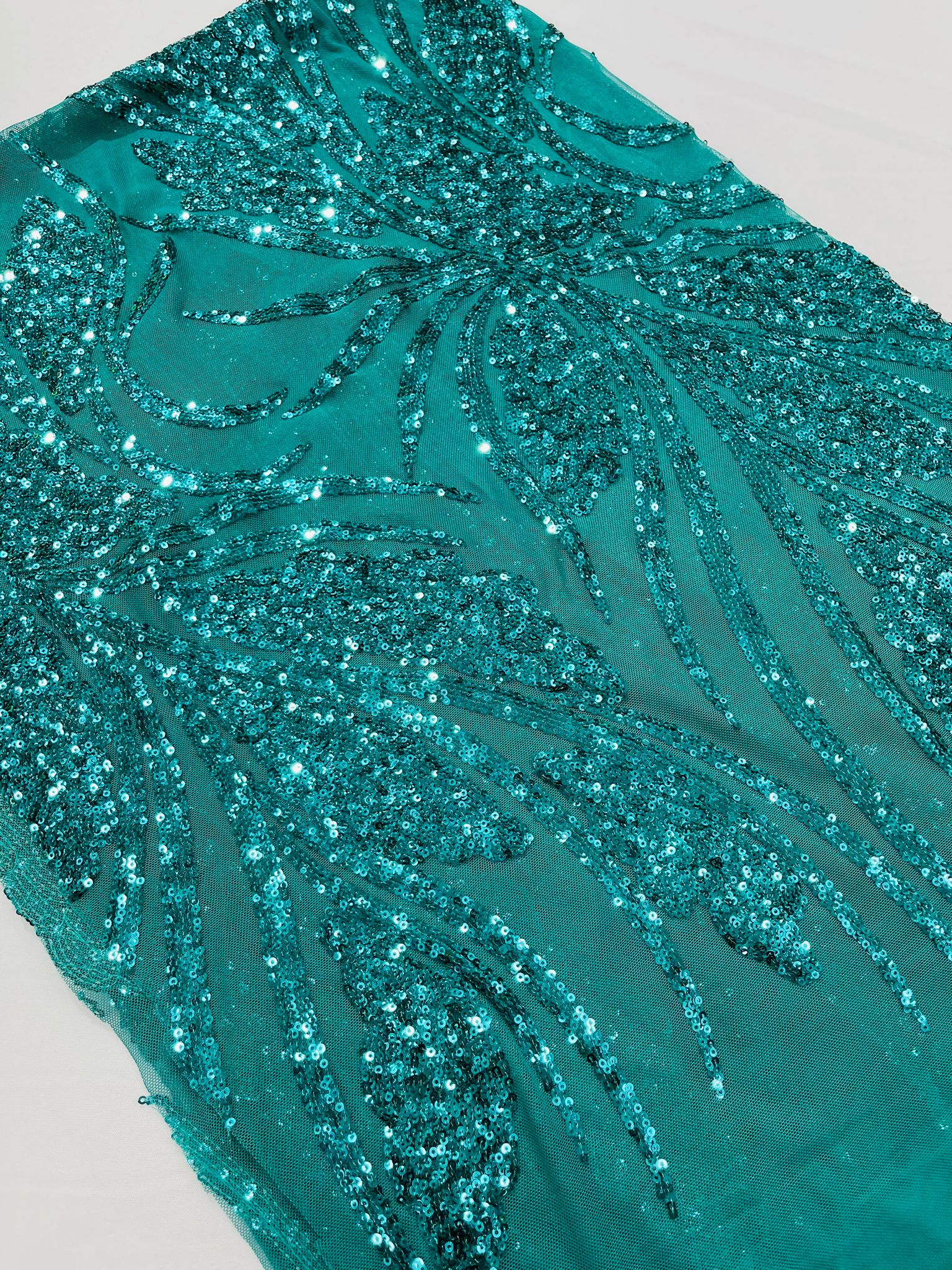 Feather damask shiny sequin design on a 4 way stretch White mesh Fabric-prom-sold by the yard.