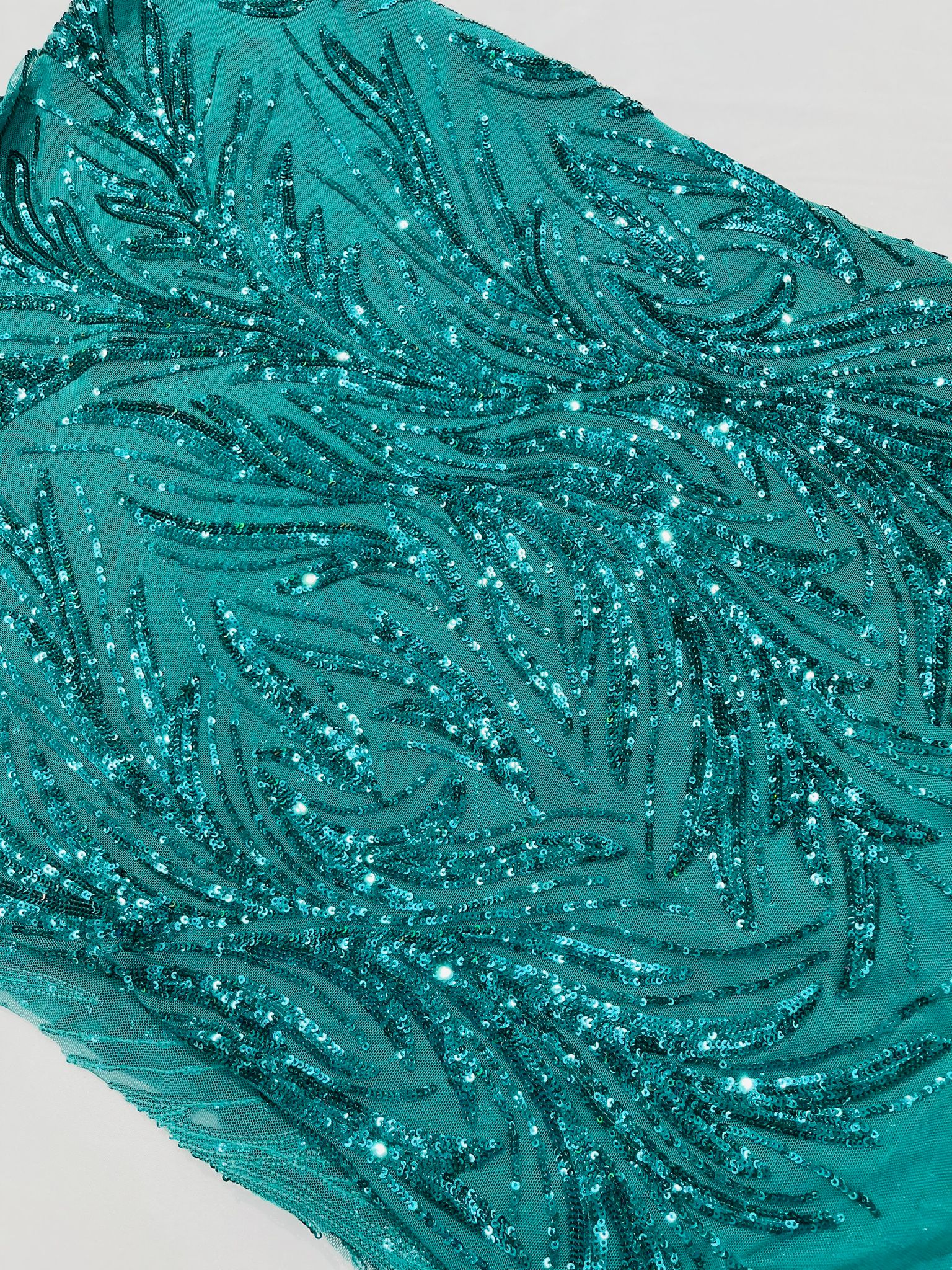 Feather Wing Shiny Sequin Design on a 4 Way Stretch mesh Fabric-Prom-Sold by The Yard.