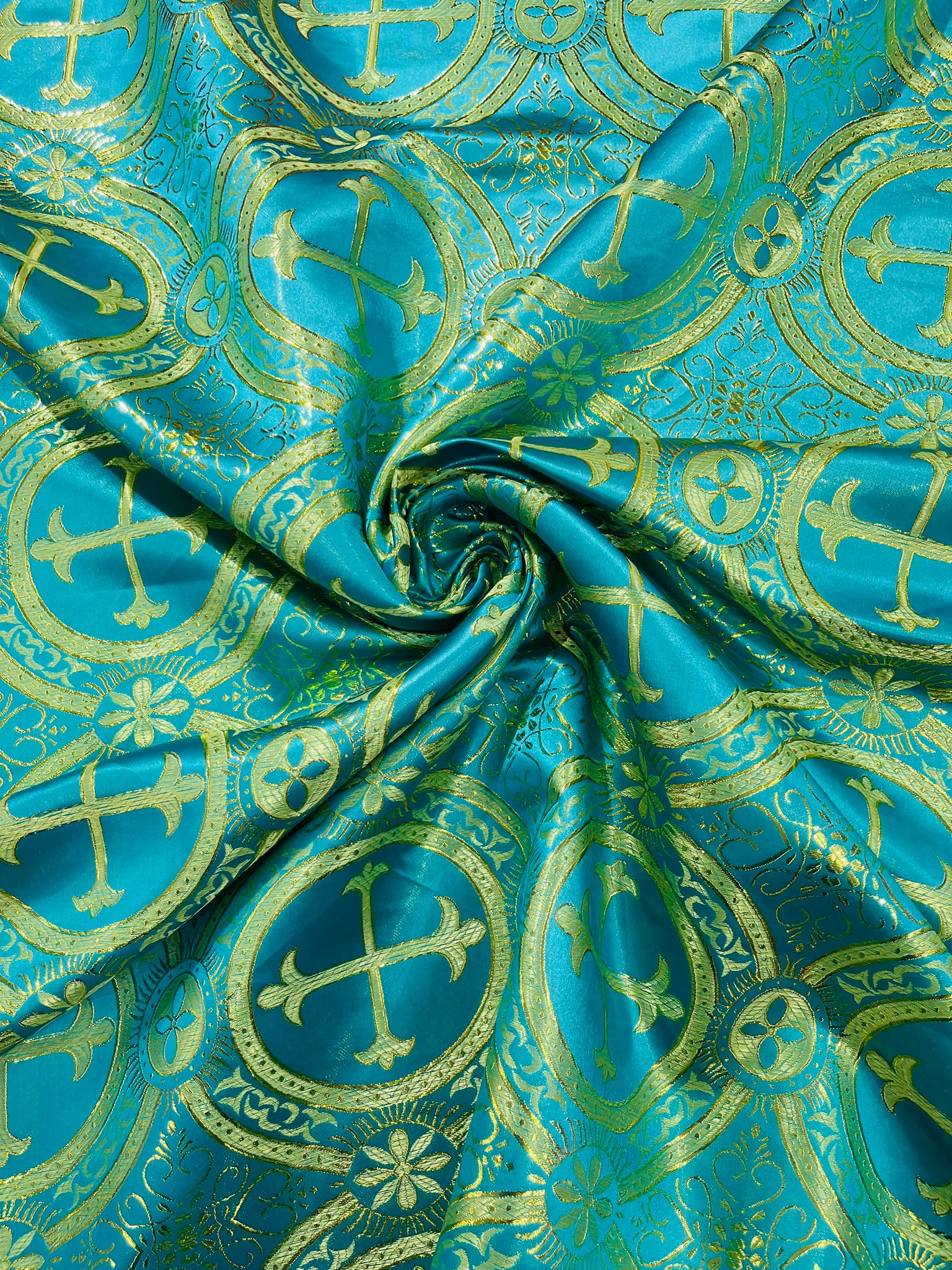 Turquoise/Gold - Rectangular Metallic Cross Brocade Jacquard Satin Tablecloth Overlay/Religious Brocade/Liturgical Fabric/Church.