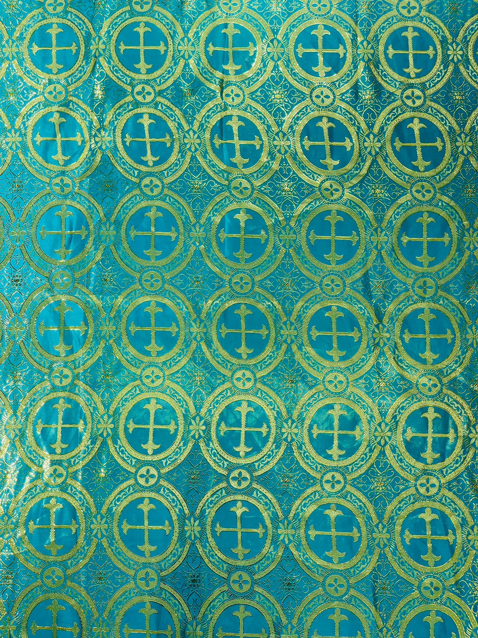 Turquoise/Gold - Rectangular Metallic Cross Brocade Jacquard Satin Tablecloth Overlay/Religious Brocade/Liturgical Fabric/Church.