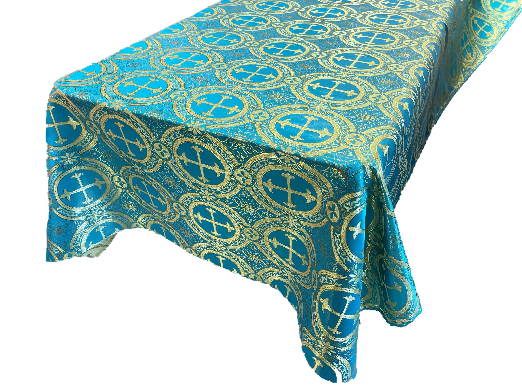 Turquoise/Gold - Square Metallic Cross Brocade Jacquard Satin Table Overlay/Religious Brocade/Liturgical Fabric/Church.