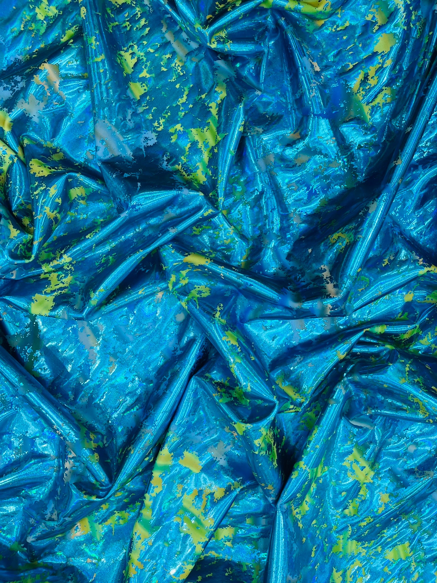 Splatter Foil Paint Metallic Print on a 4-way Stretch Tie Dye Nylon Spandex Tricot/Milliskin -Sold by the yard.