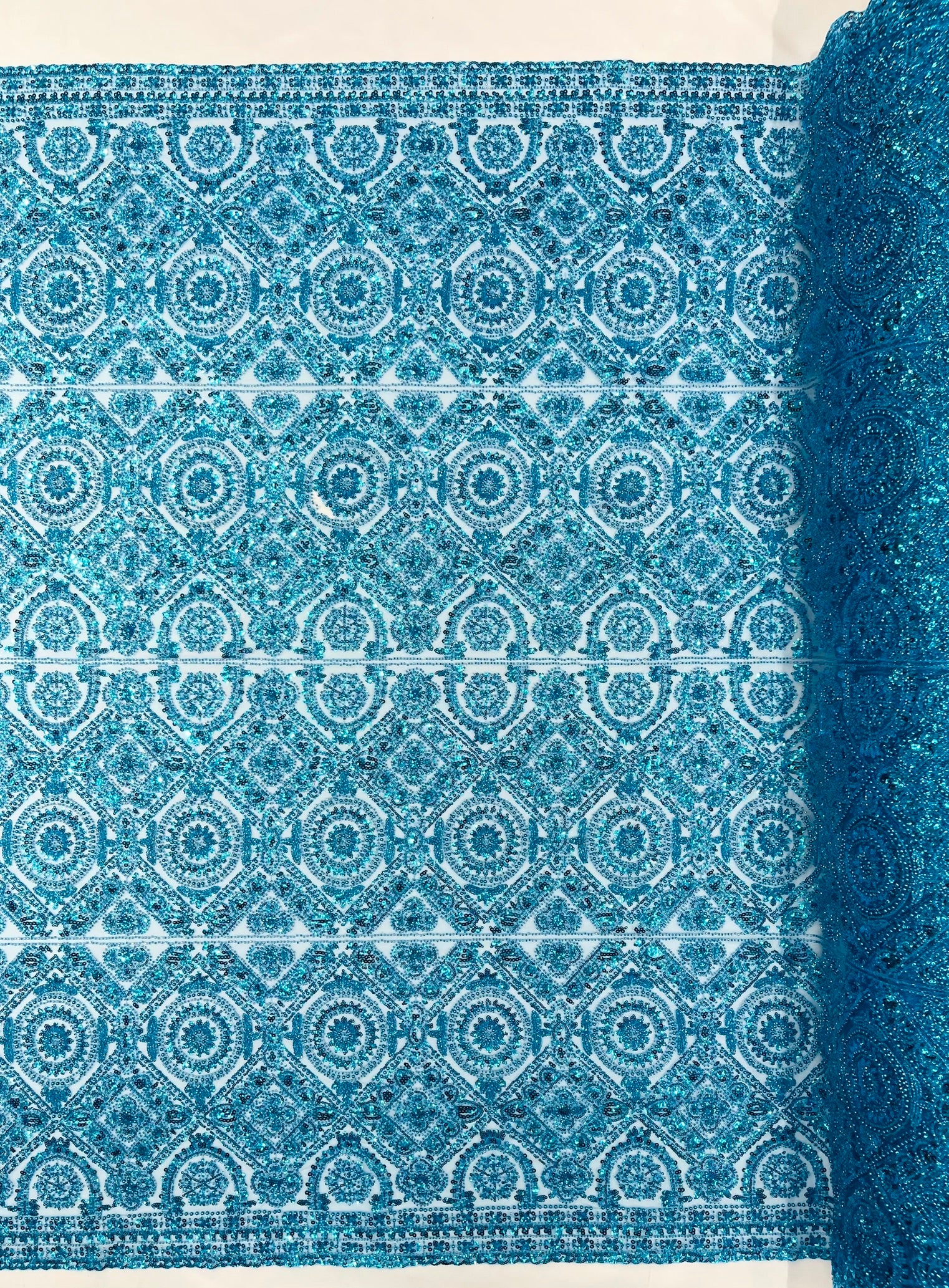 Geometric Beaded Lace Fabric, Heavy Embroidered Design on 58" Mesh for Dresses