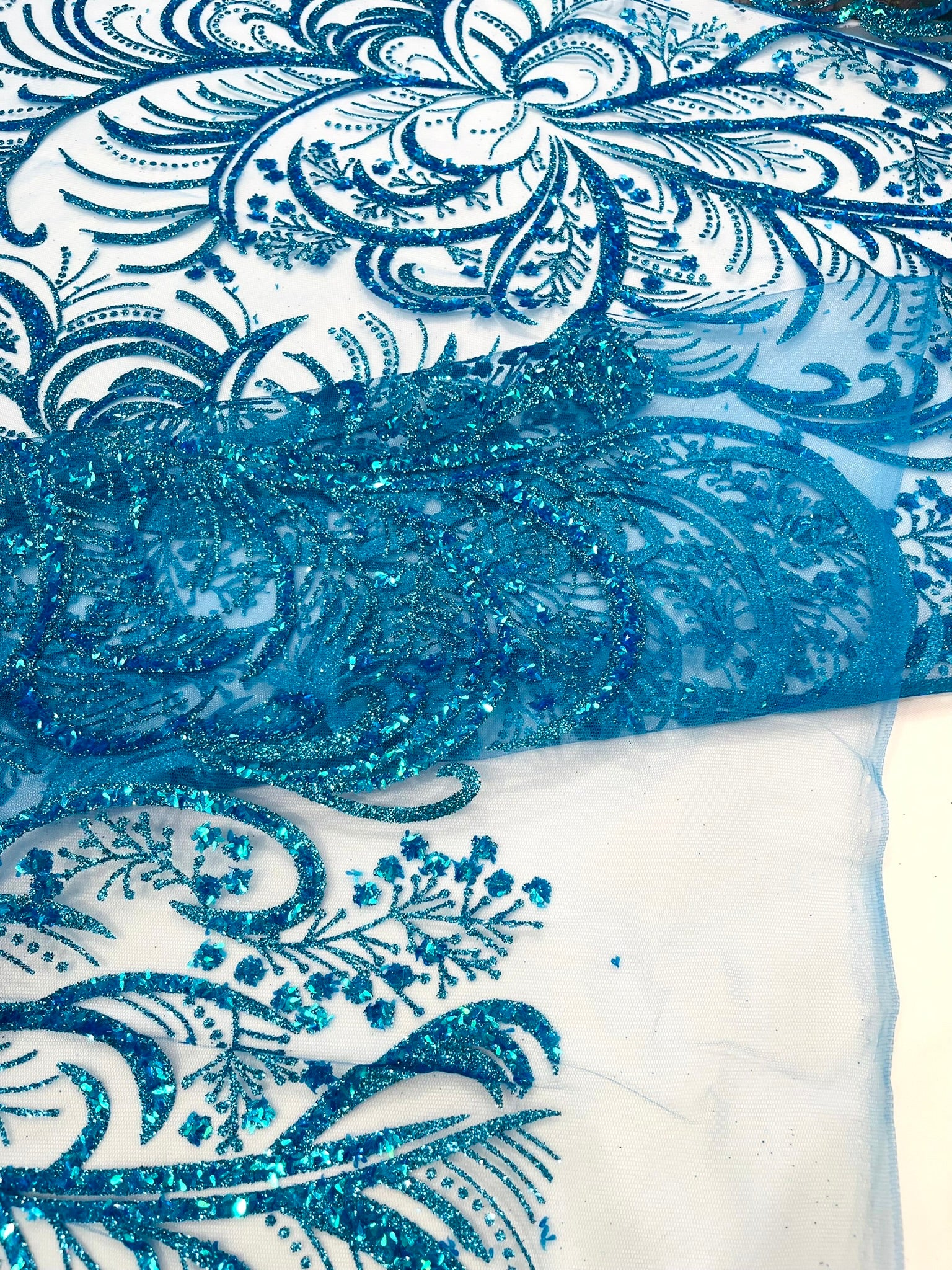 Palm Glitter Vine Design On A Mesh Lace Fabric 58"' Wide Prom.