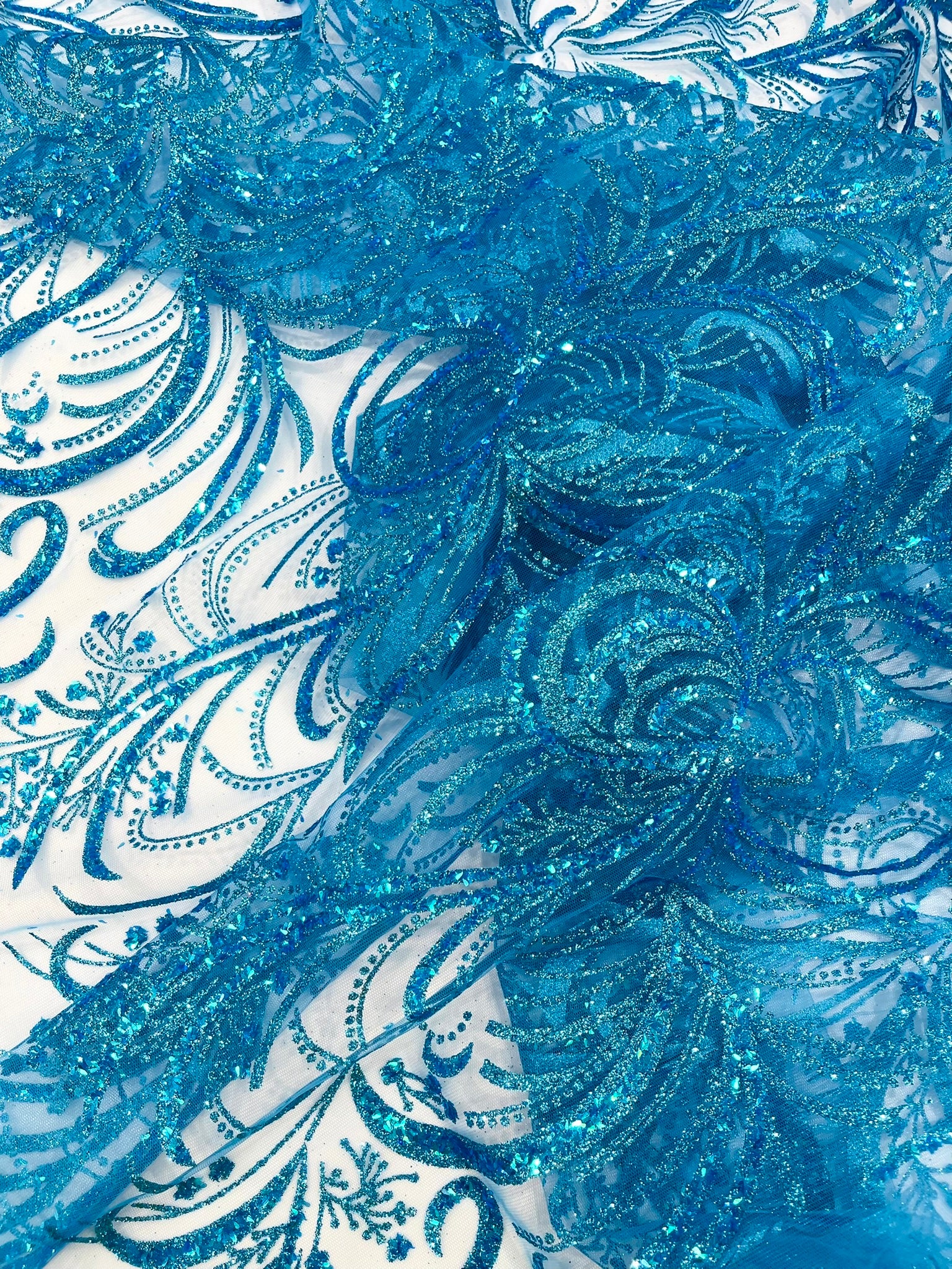 Palm Glitter Vine Design On A Mesh Lace Fabric 58"' Wide Prom.