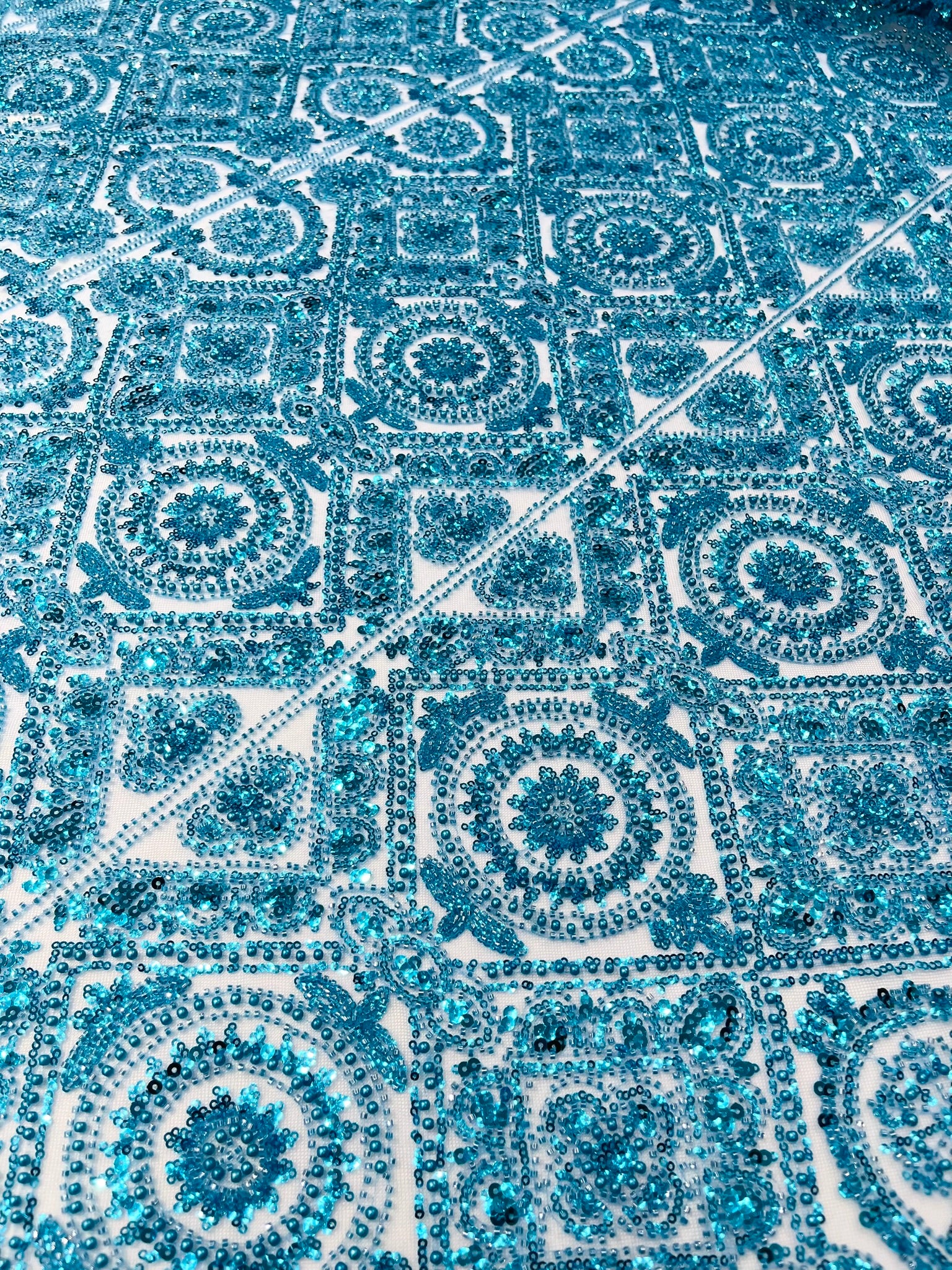 Geometric Beaded Lace Fabric, Heavy Embroidered Design on 58" Mesh for Dresses