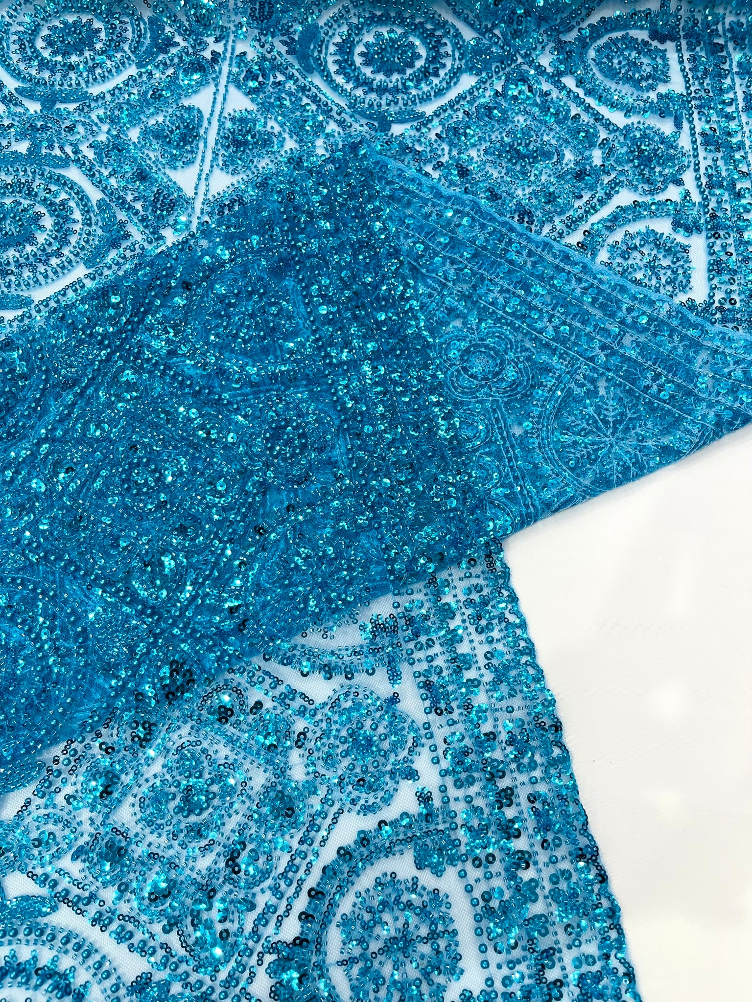 Geometric Beaded Lace Fabric, Heavy Embroidered Design on 58" Mesh for Dresses