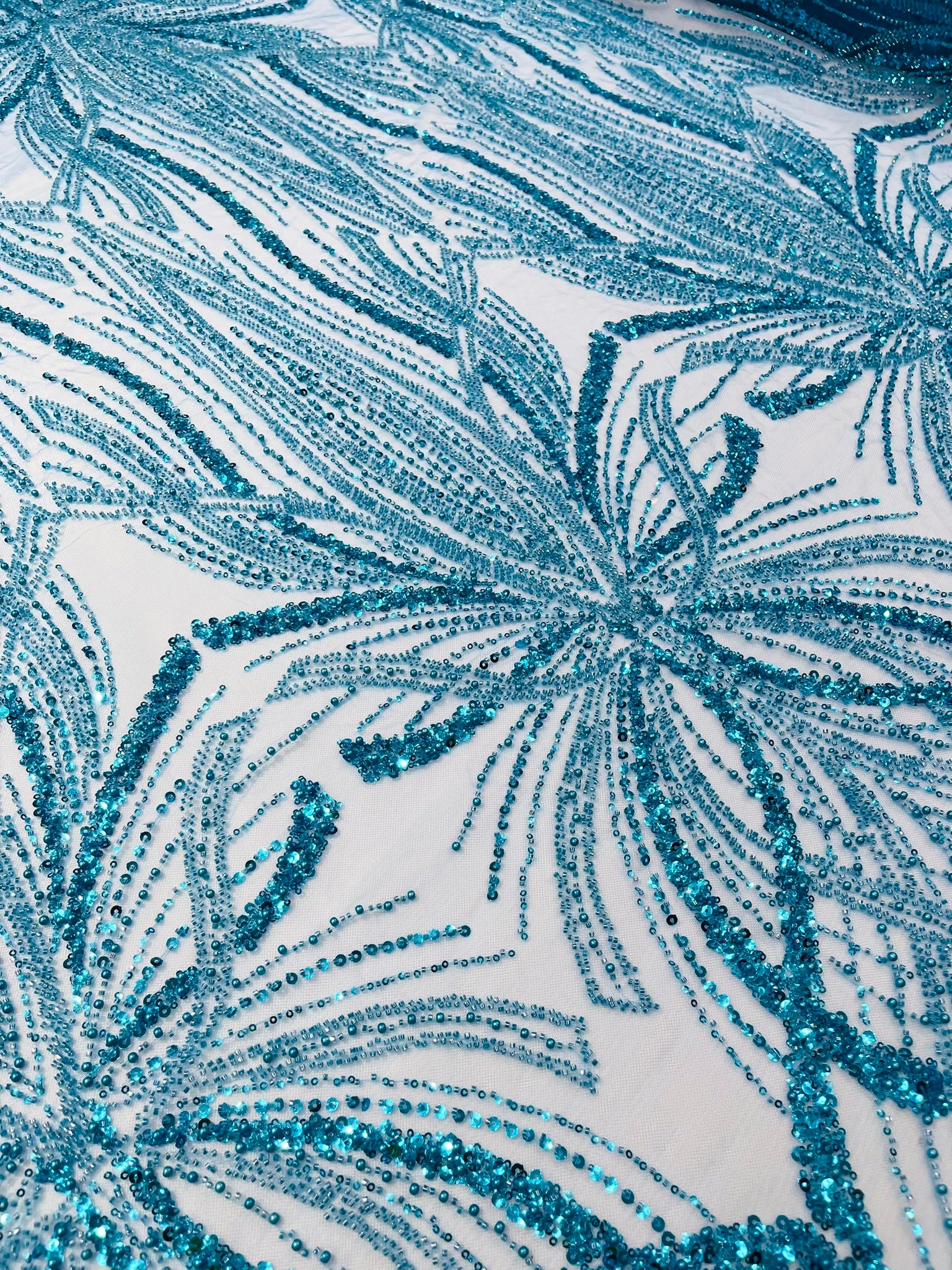 Palm Beaded Lace Fabric, Heavy Embroidered Design on 58" Mesh for Dresses