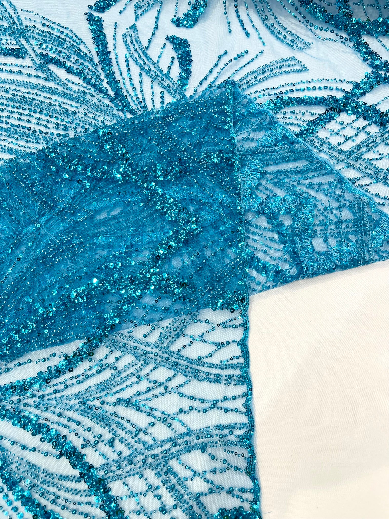 Palm Beaded Lace Fabric, Heavy Embroidered Design on 58" Mesh for Dresses
