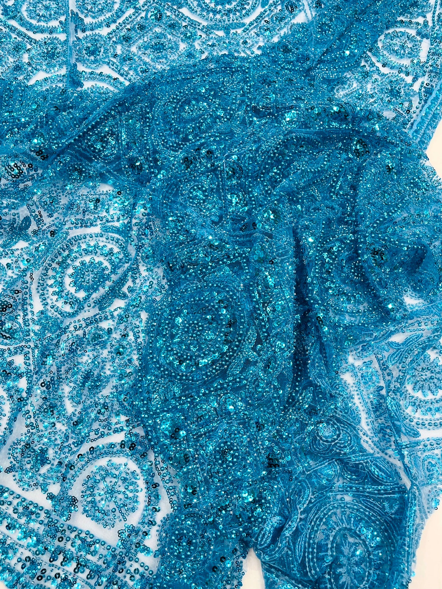Geometric Beaded Lace Fabric, Heavy Embroidered Design on 58" Mesh for Dresses