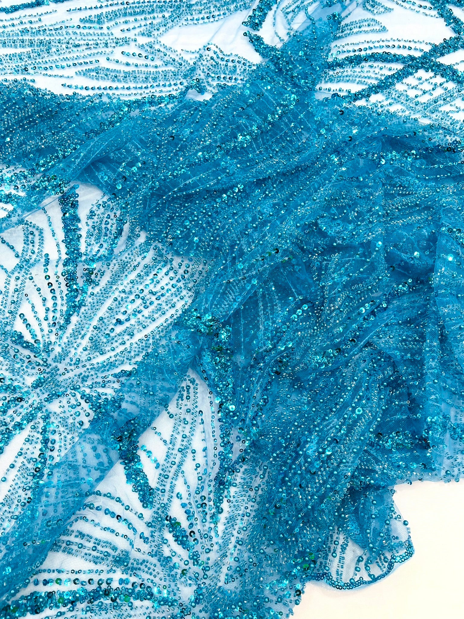 Palm Beaded Lace Fabric, Heavy Embroidered Design on 58" Mesh for Dresses