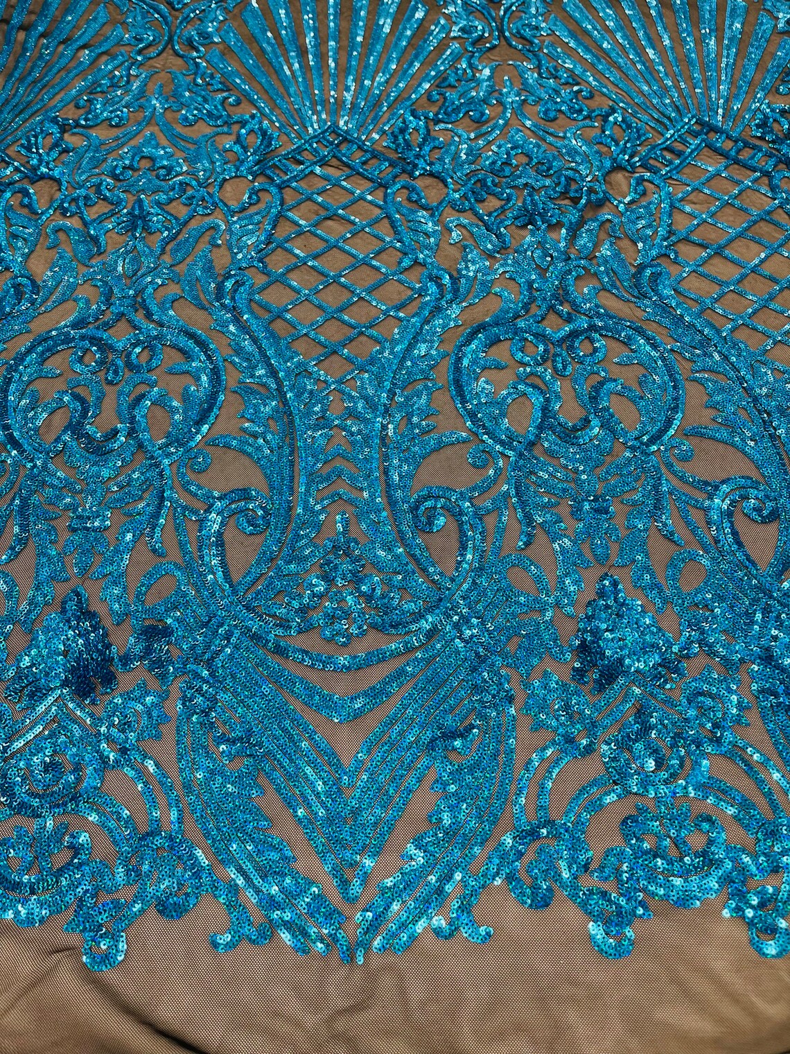 Seashell Geometric Sequins - Turquoise on Black - Embroidered Sequins on 4 Way Stretch Lace Mesh Sold By Yard