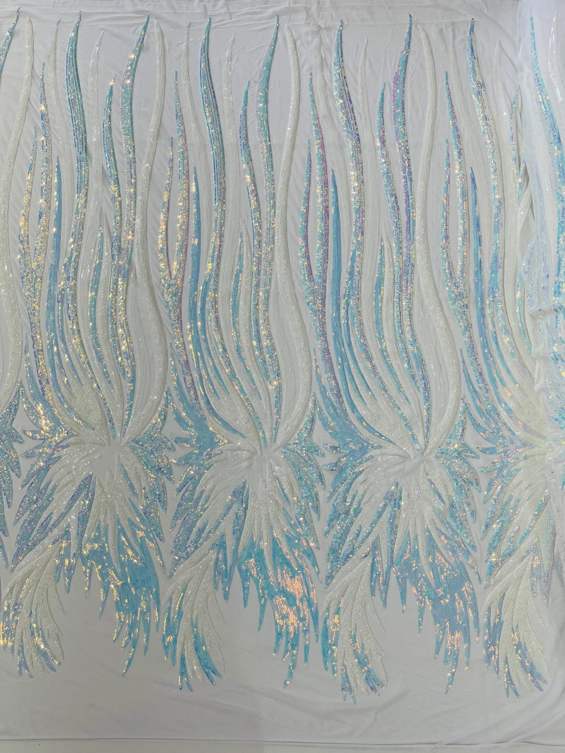 Wings Sequins Fabric - White / Blue Iridescent - Large Feather Wings 4 Way Stretch Sequins Design By Yard