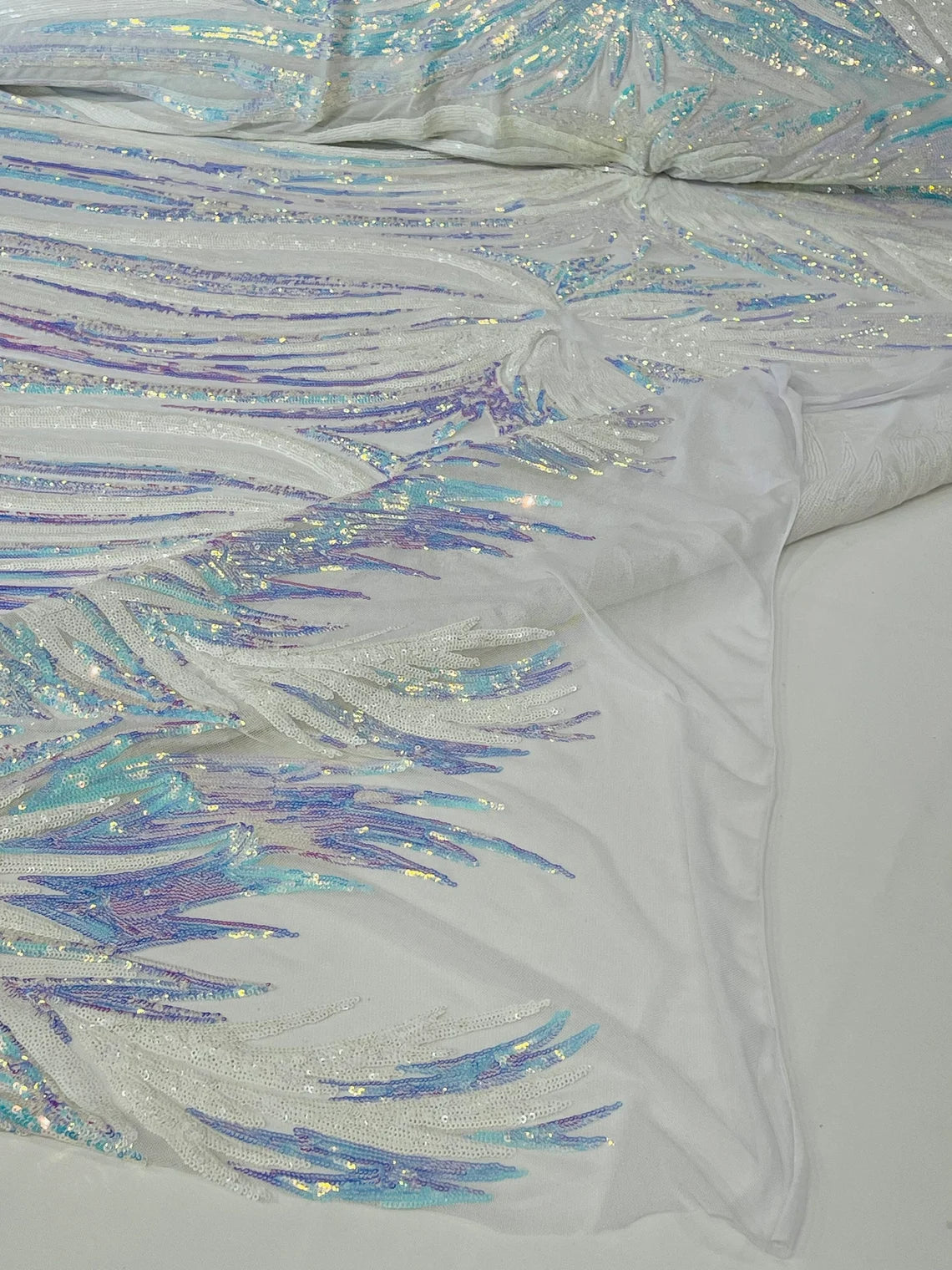 Wings Sequins Fabric - White / Blue Iridescent - Large Feather Wings 4 Way Stretch Sequins Design By Yard