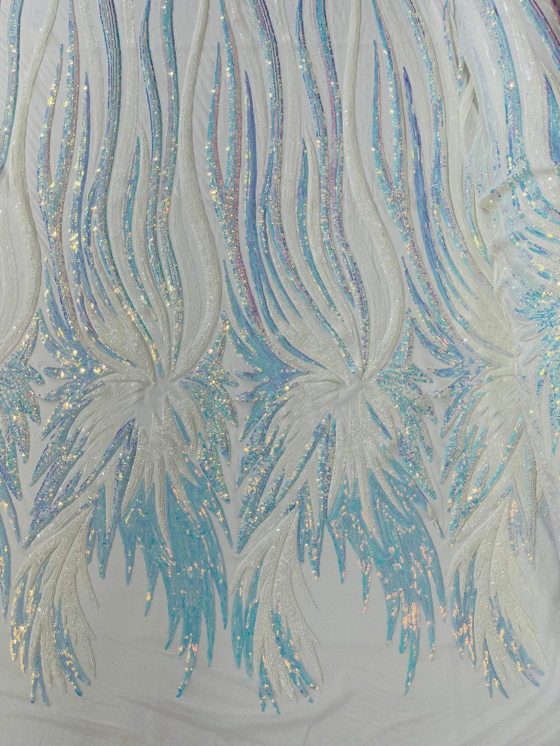 Wings Sequins Fabric - White / Blue Iridescent - Large Feather Wings 4 Way Stretch Sequins Design By Yard