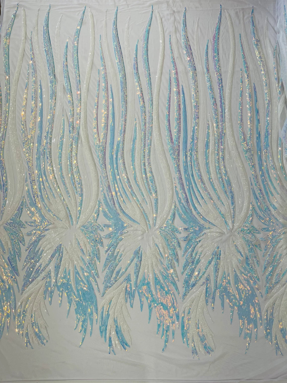 Wings Sequins Fabric - White / Blue Iridescent - Large Feather Wings 4 Way Stretch Sequins Design By Yard