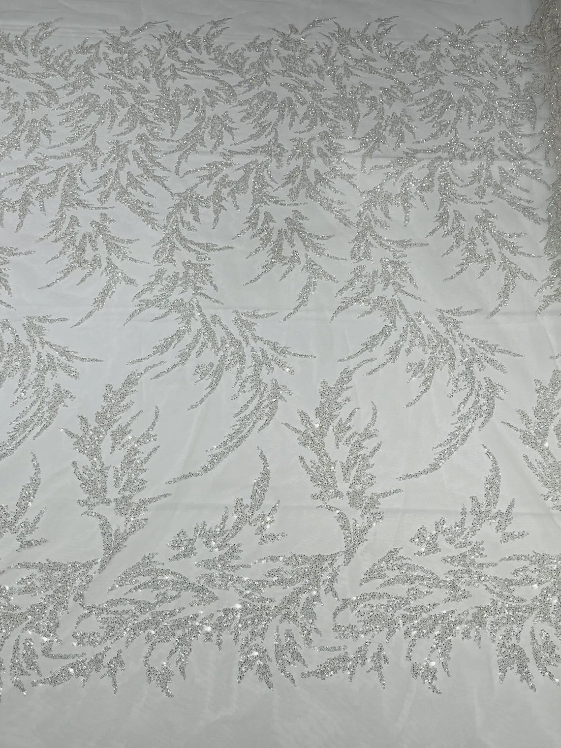 Long Leaf Plant Design Fabric - White - Beaded Nature Leaf Sequins Design Fabric By Yard