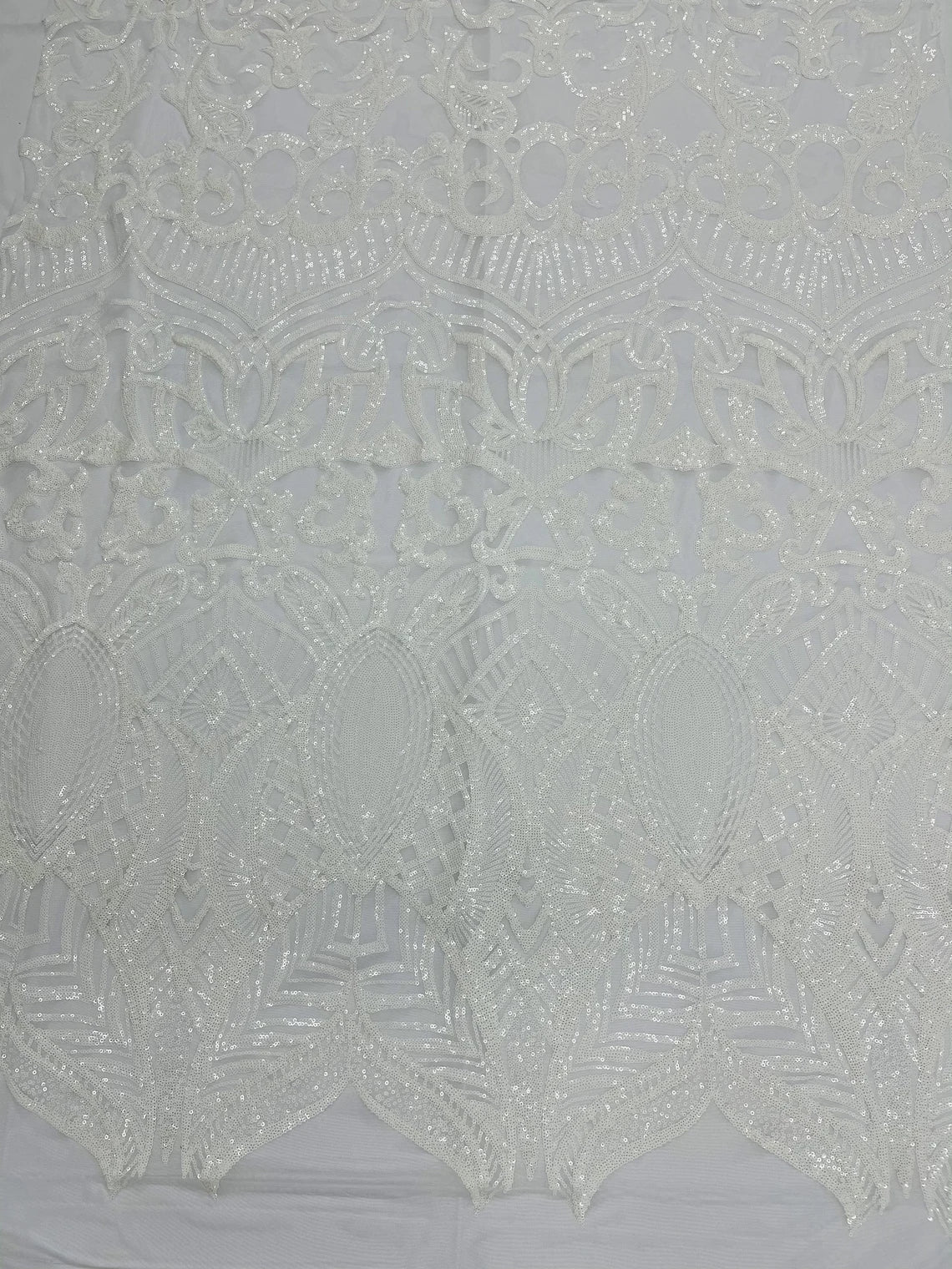 Royalty Damask Sequins Fabric - White - Fancy Royal Lace Design 4 Way Stretch Sequins By Yard