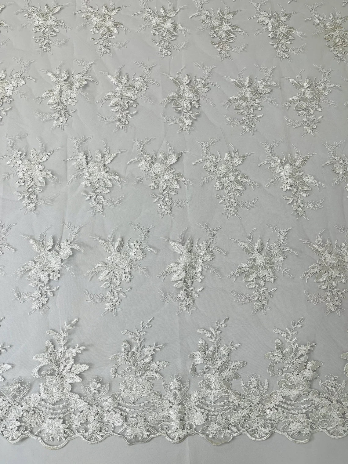 Flower Lace Sequins Fabric - White - Floral Pattern Sequins Embroidered Fabric By Yard