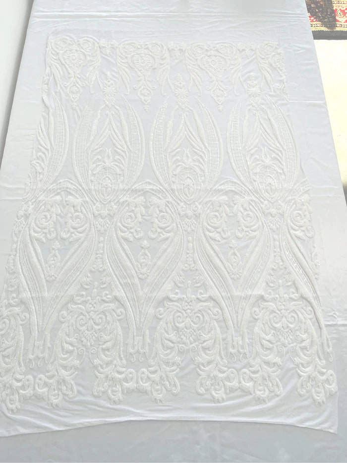 Big Damask 4 Way Sequins - White - Embroidered Damask Design Sequins Fabric Sold By Yard