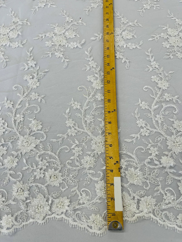 Floral Long Border Bead Fabric - White - Embroidered Floral Cluster Design Fabric By Yard