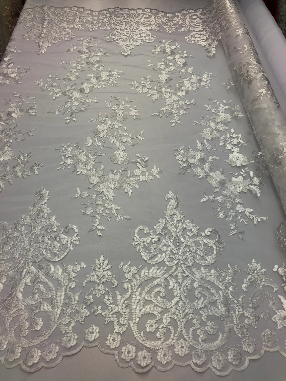 Damask Design Lace Fabric - White - Embroidered Damask Fancy Beautiful Design Lace Fabric By Yard