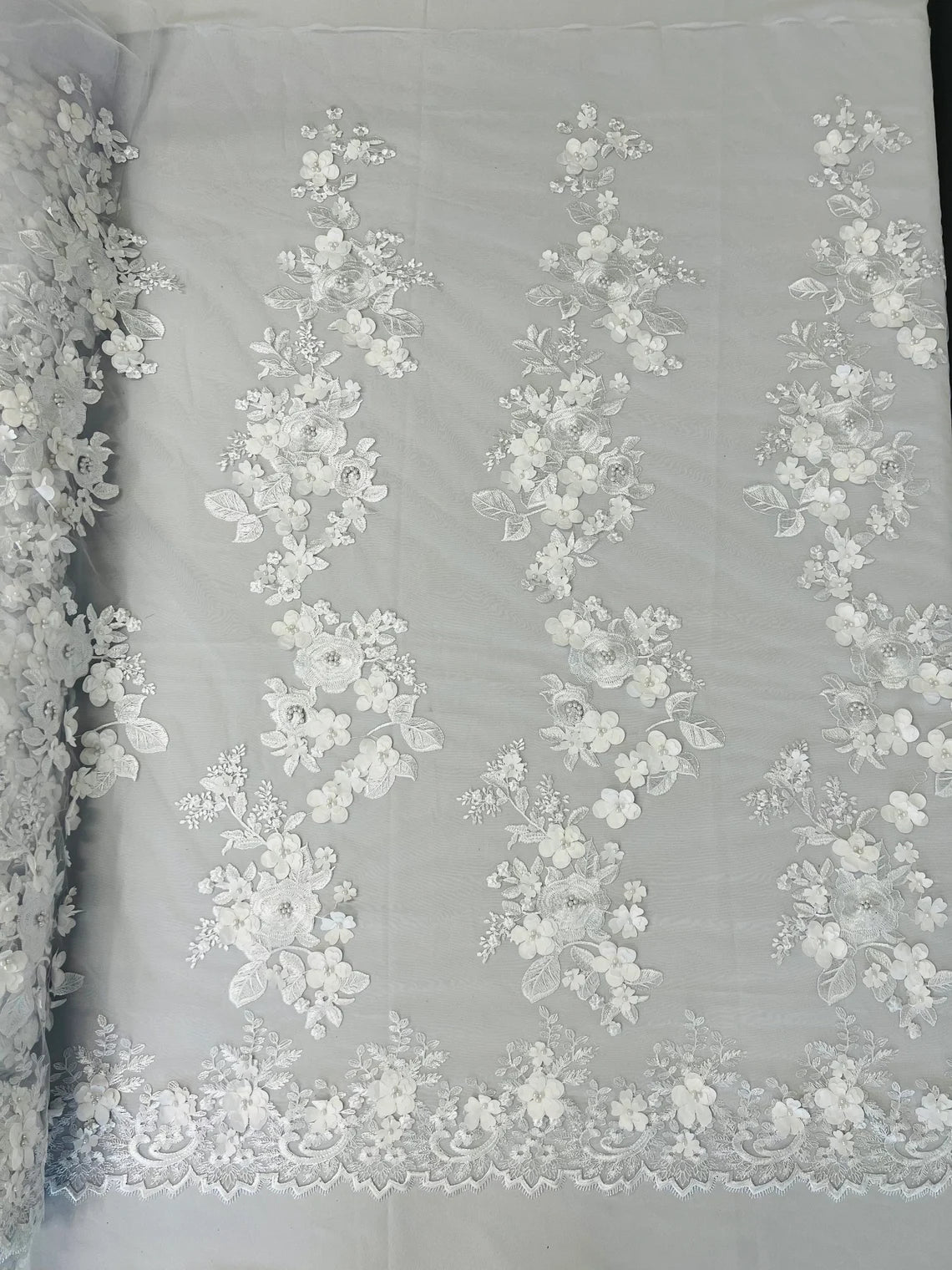 3D Flower Panels Fabric - White - Flower Panels Bead Embroidered on Lace Fabric Sold By Yard