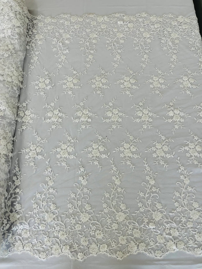 Floral Long Border Bead Fabric - White - Embroidered Floral Cluster Design Fabric By Yard