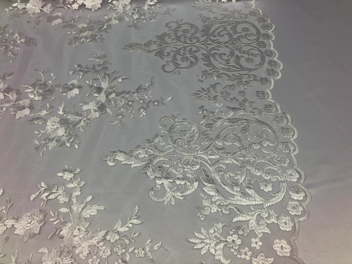 Damask Design Lace Fabric - White - Embroidered Damask Fancy Beautiful Design Lace Fabric By Yard