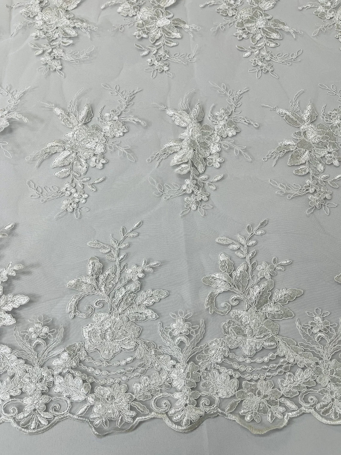 Flower Lace Sequins Fabric - White - Floral Pattern Sequins Embroidered Fabric By Yard