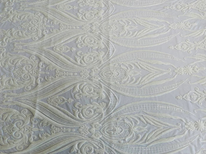 Big Damask 4 Way Sequins - White - Embroidered Damask Design Sequins Fabric Sold By Yard