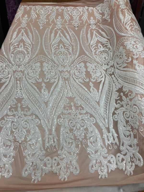 Big Damask 4 Way Sequins - White on Blush - Embroidered Damask Design Sequins Fabric Sold By Yard