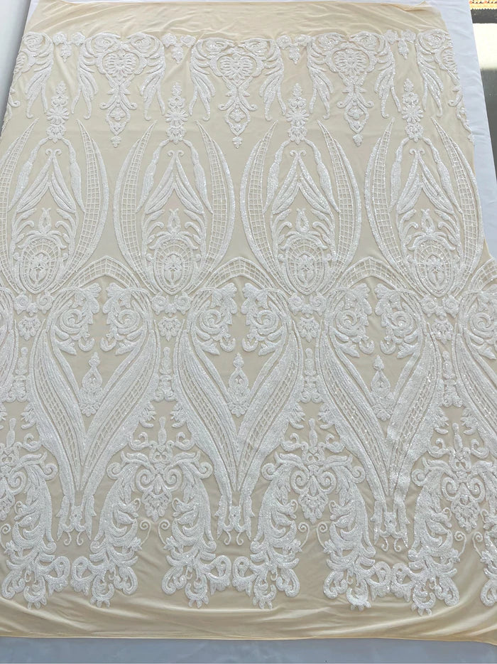 Big Damask 4 Way Sequins - White on Nude - Embroidered Damask Design Sequins Fabric Sold By Yard