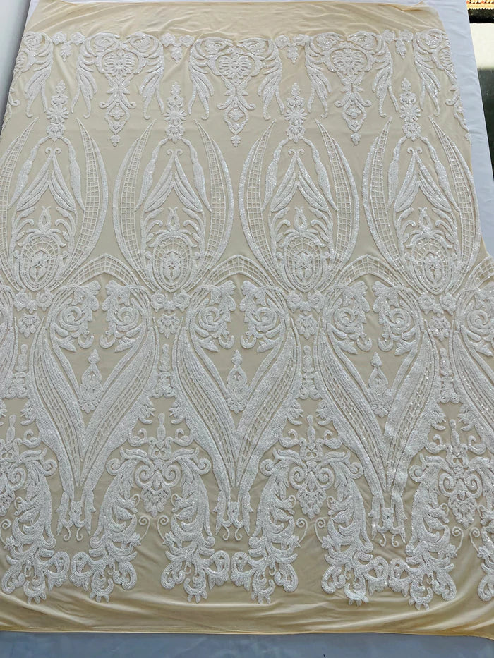 Big Damask 4 Way Sequins - White on Nude - Embroidered Damask Design Sequins Fabric Sold By Yard