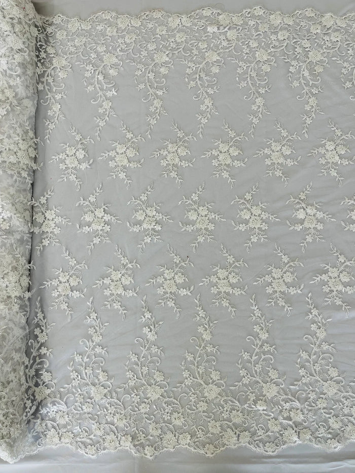 Floral Long Border Bead Fabric - White - Embroidered Floral Cluster Design Fabric By Yard