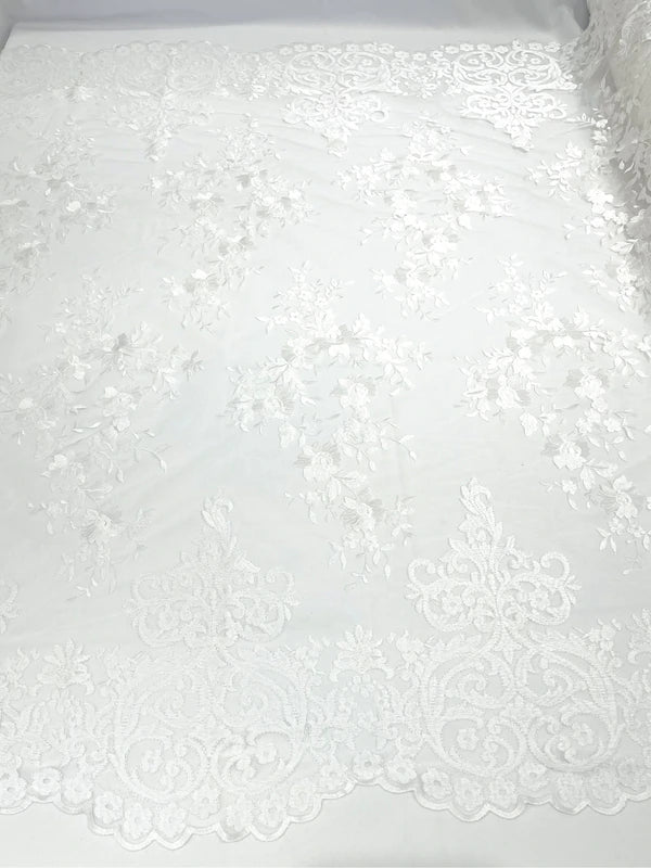 Damask Design Lace Fabric - White - Embroidered Damask Fancy Beautiful Design Lace Fabric By Yard