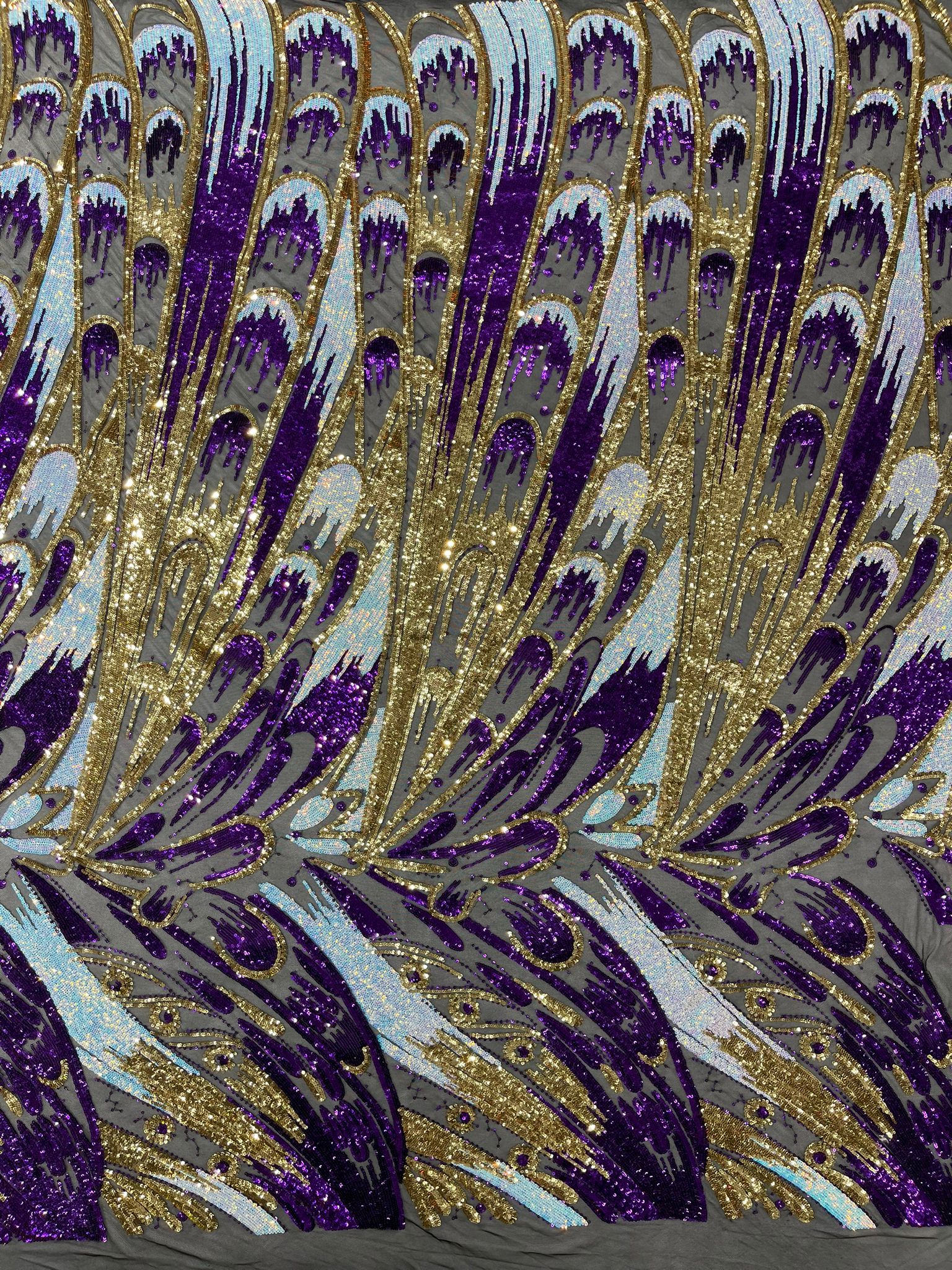Iridescent Feather sequin design 4 way stretch mesh Fabric-prom-sold by the yard.