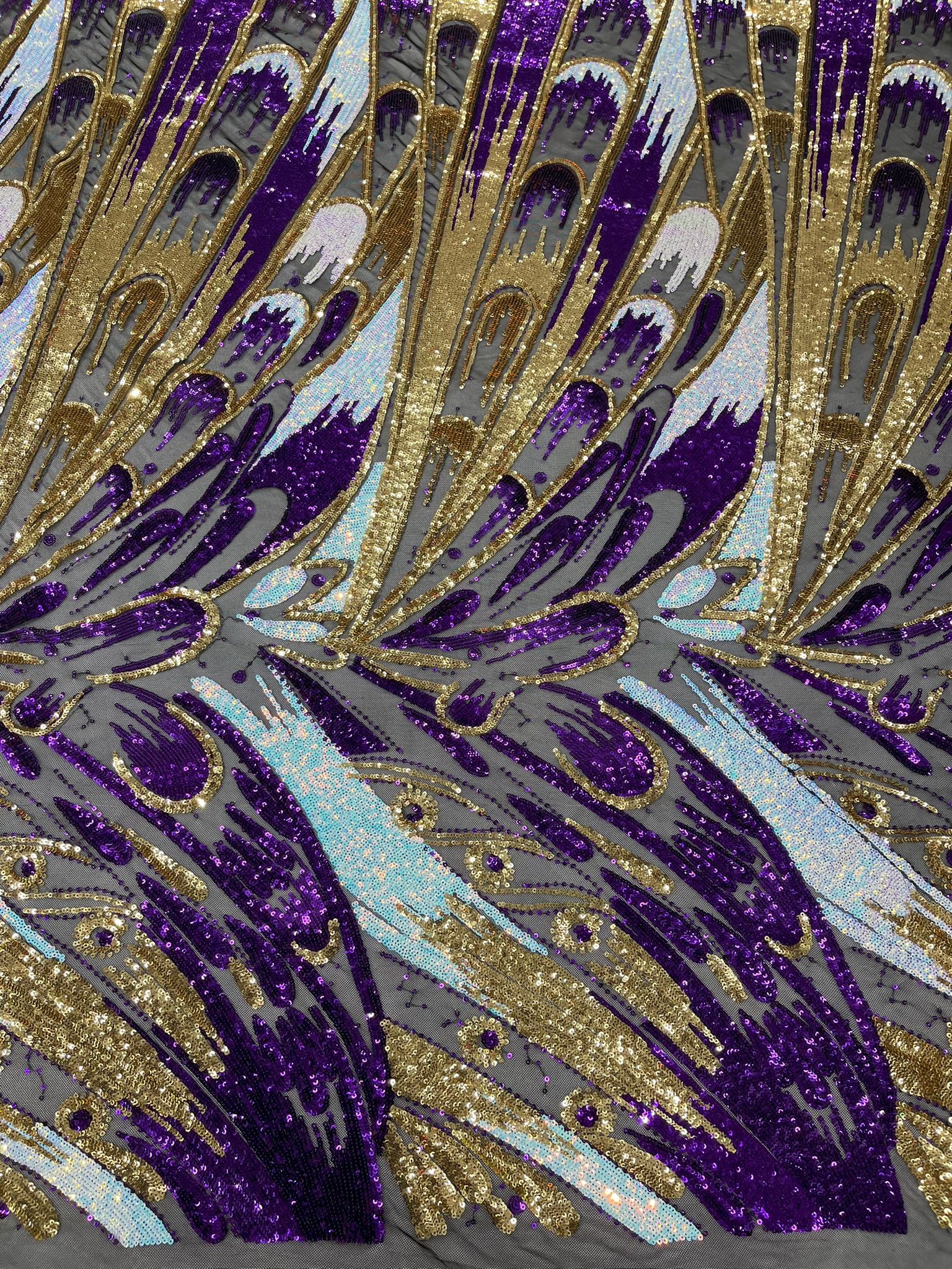 Iridescent Feather sequin design 4 way stretch mesh Fabric-prom-sold by the yard.