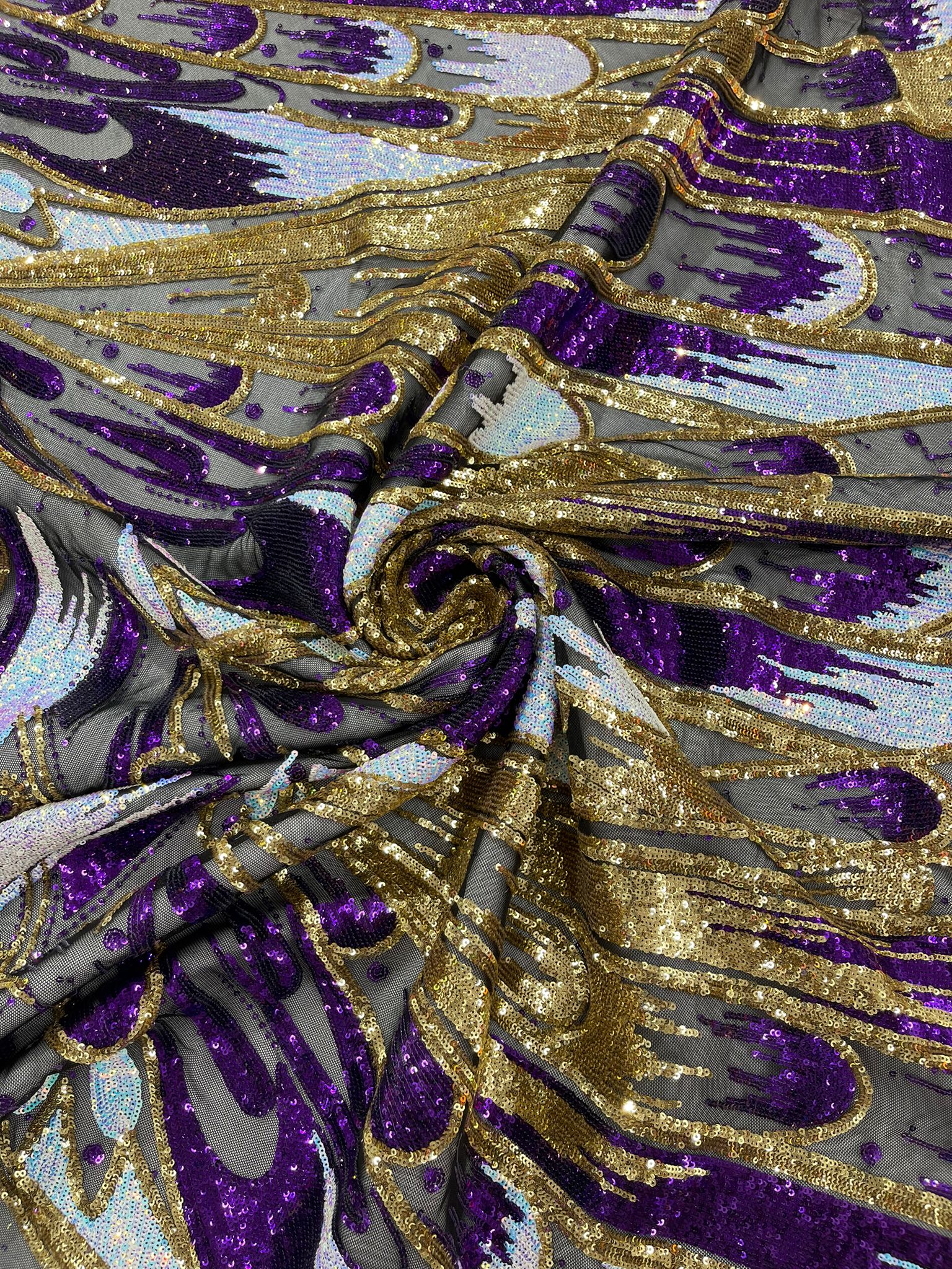 Iridescent Feather sequin design 4 way stretch mesh Fabric-prom-sold by the yard.