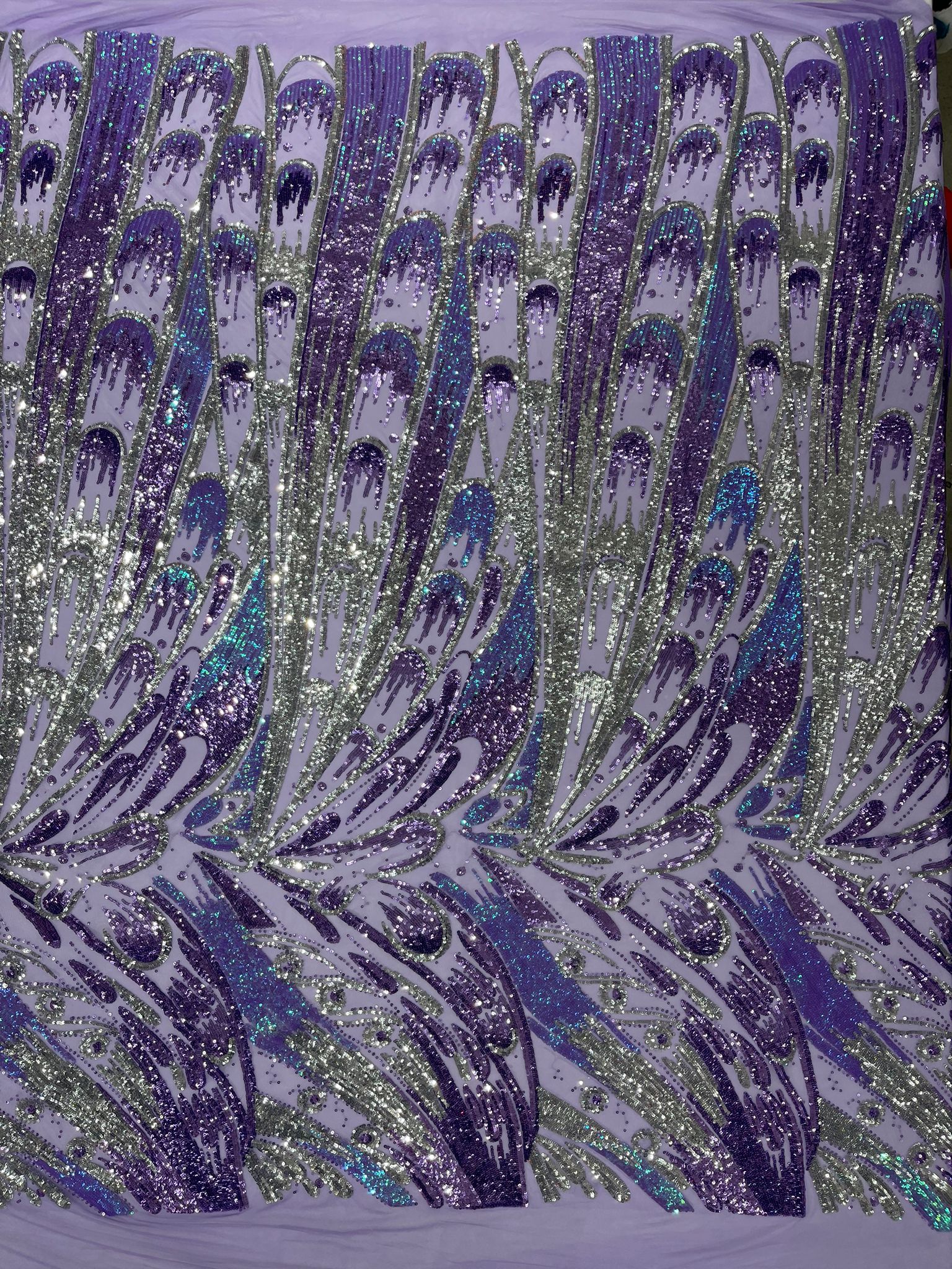 Iridescent Feather sequin design 4 way stretch mesh Fabric-prom-sold by the yard.