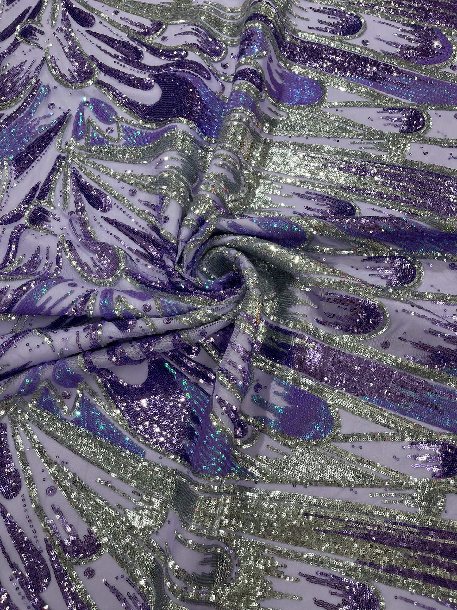 Iridescent Feather sequin design 4 way stretch mesh Fabric-prom-sold by the yard.