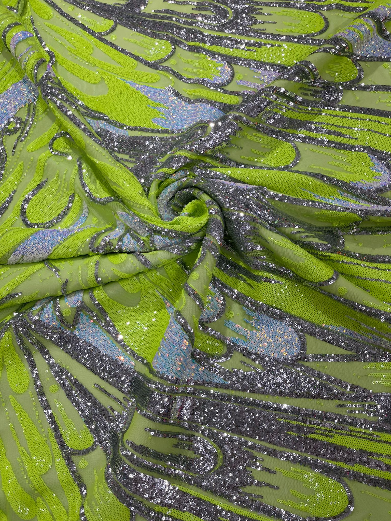 Iridescent Feather sequin design 4 way stretch mesh Fabric-prom-sold by the yard.