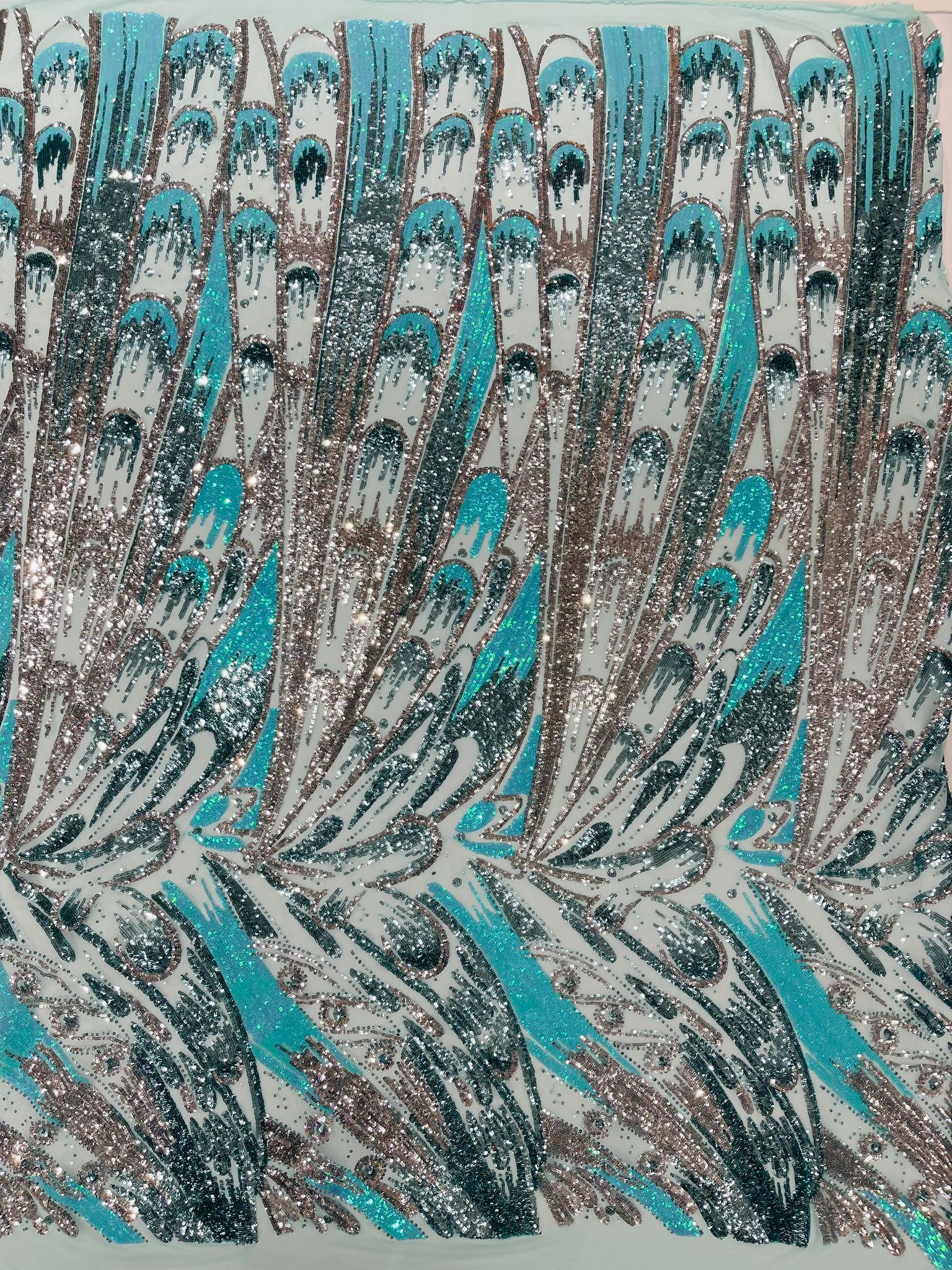 Iridescent Feather sequin design 4 way stretch mesh Fabric-prom-sold by the yard.