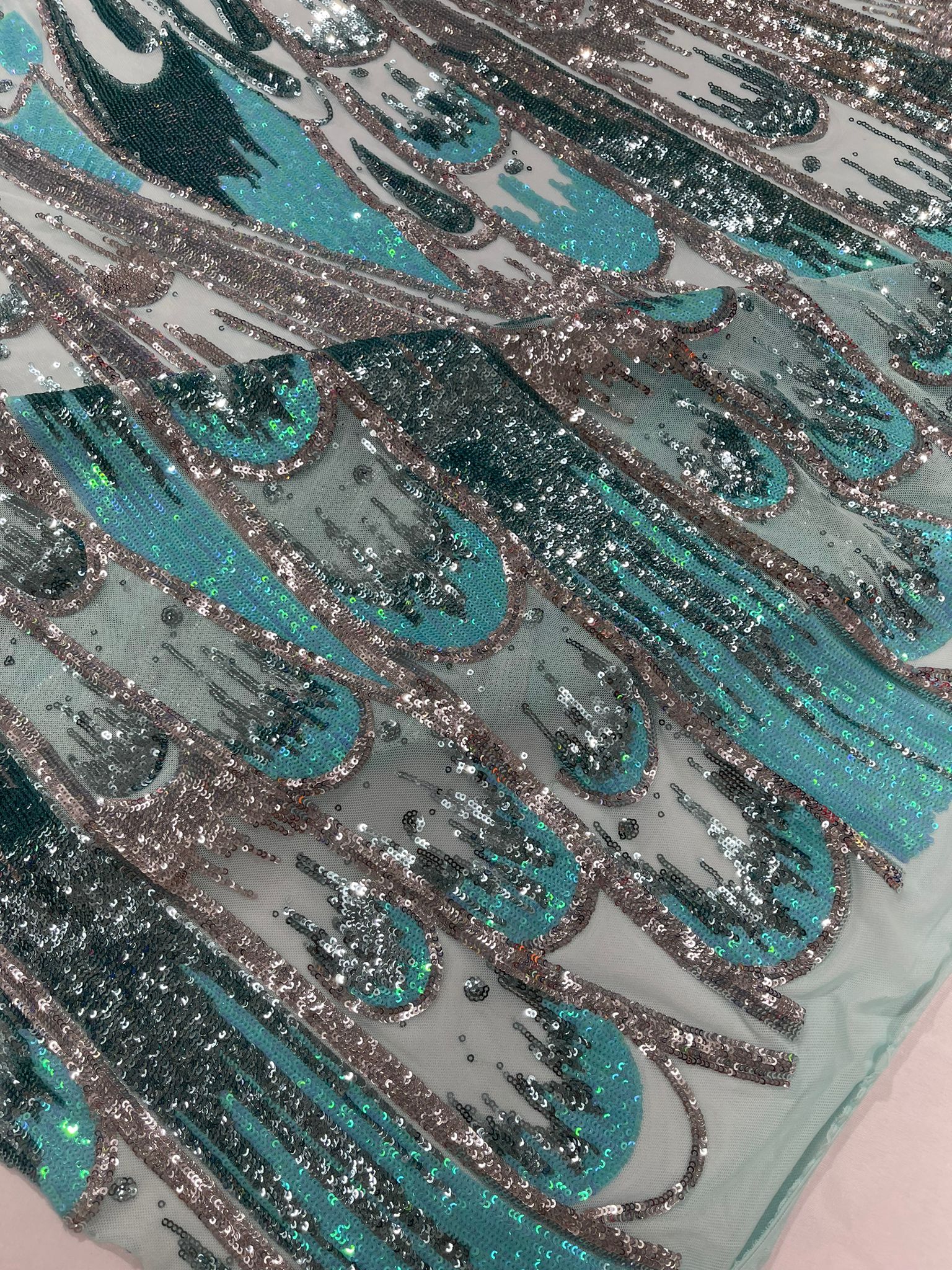 Iridescent Feather sequin design 4 way stretch mesh Fabric-prom-sold by the yard.