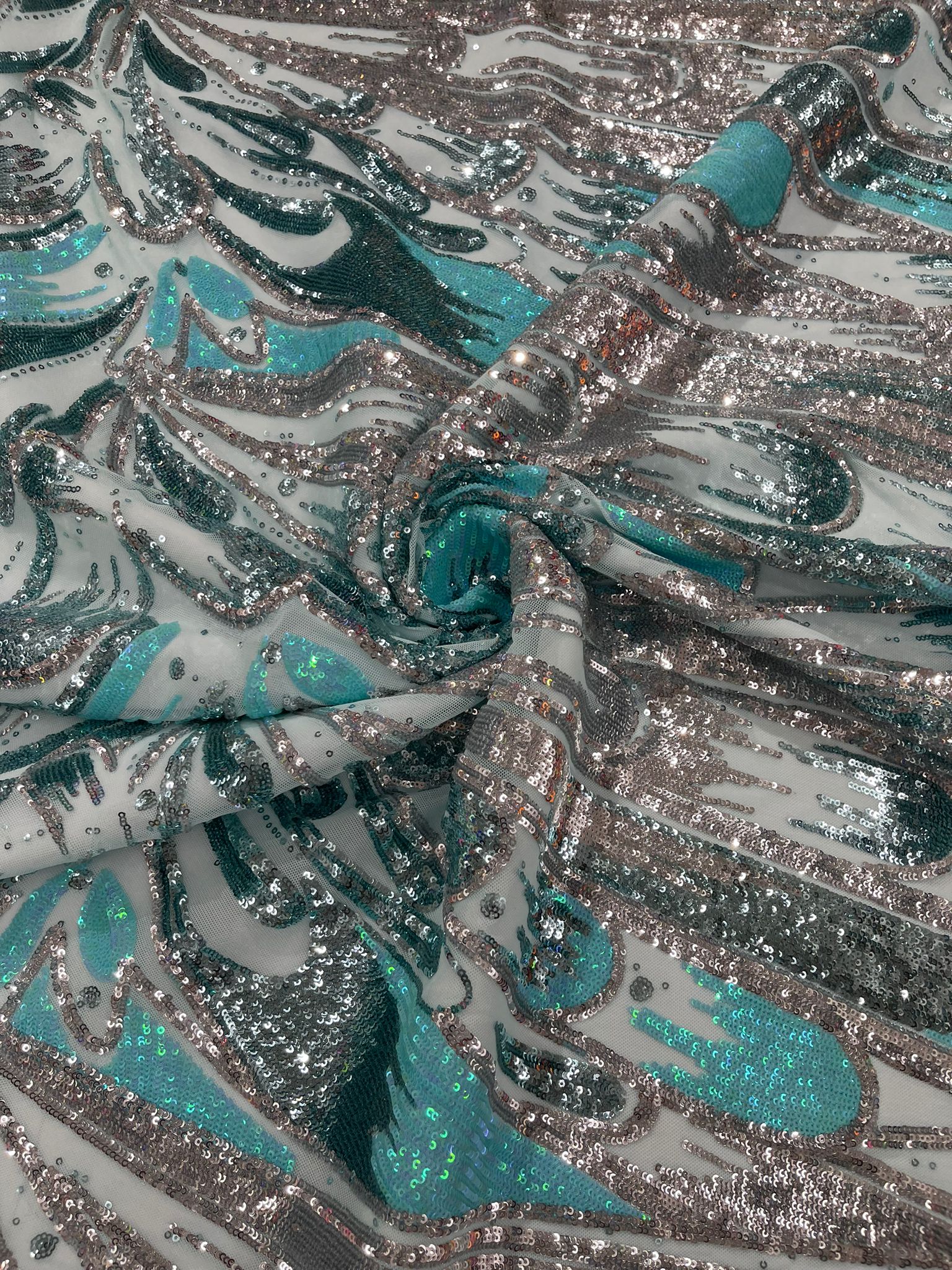 Iridescent Feather sequin design 4 way stretch mesh Fabric-prom-sold by the yard.