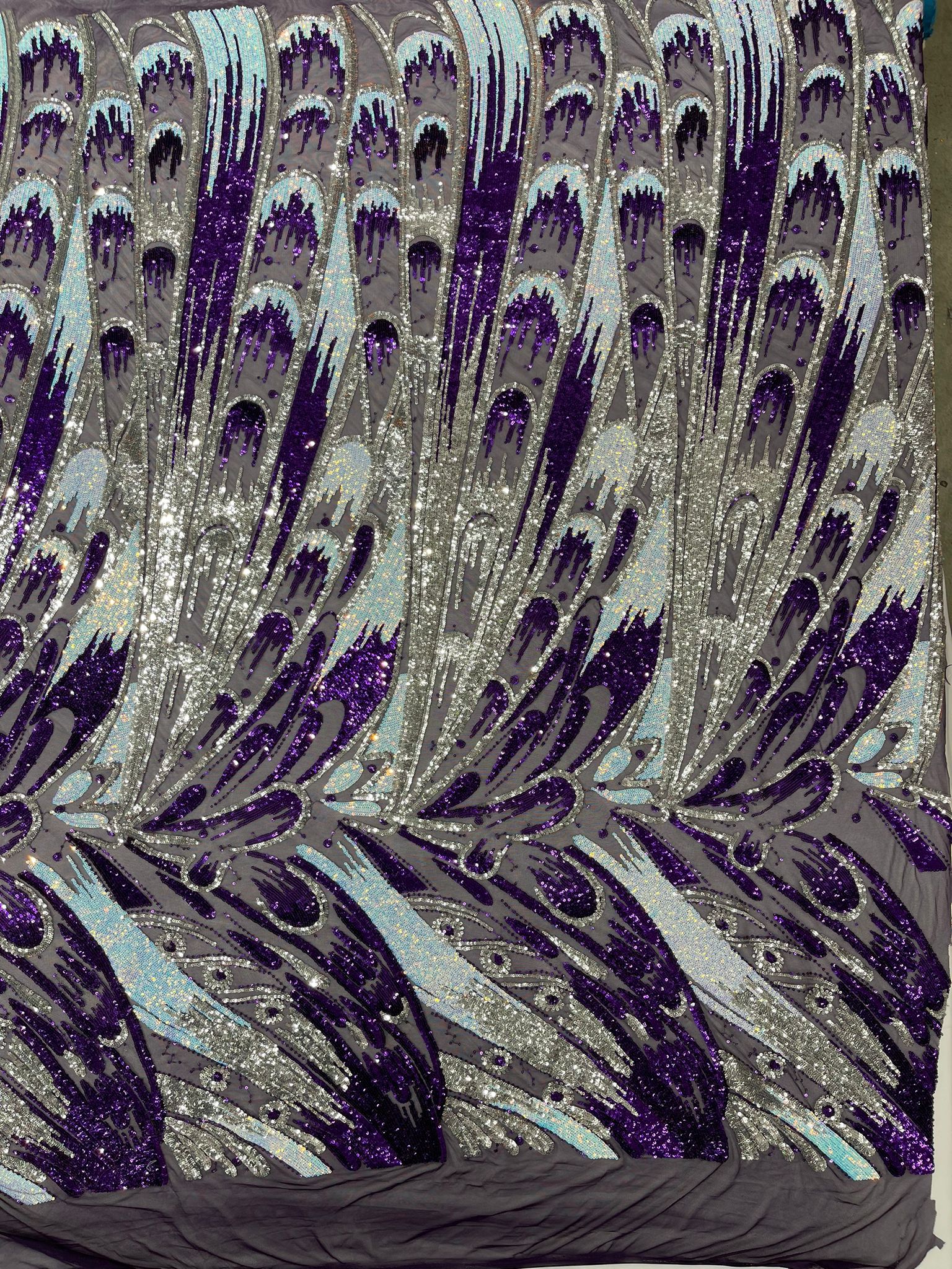 Iridescent Feather sequin design 4 way stretch mesh Fabric-prom-sold by the yard.