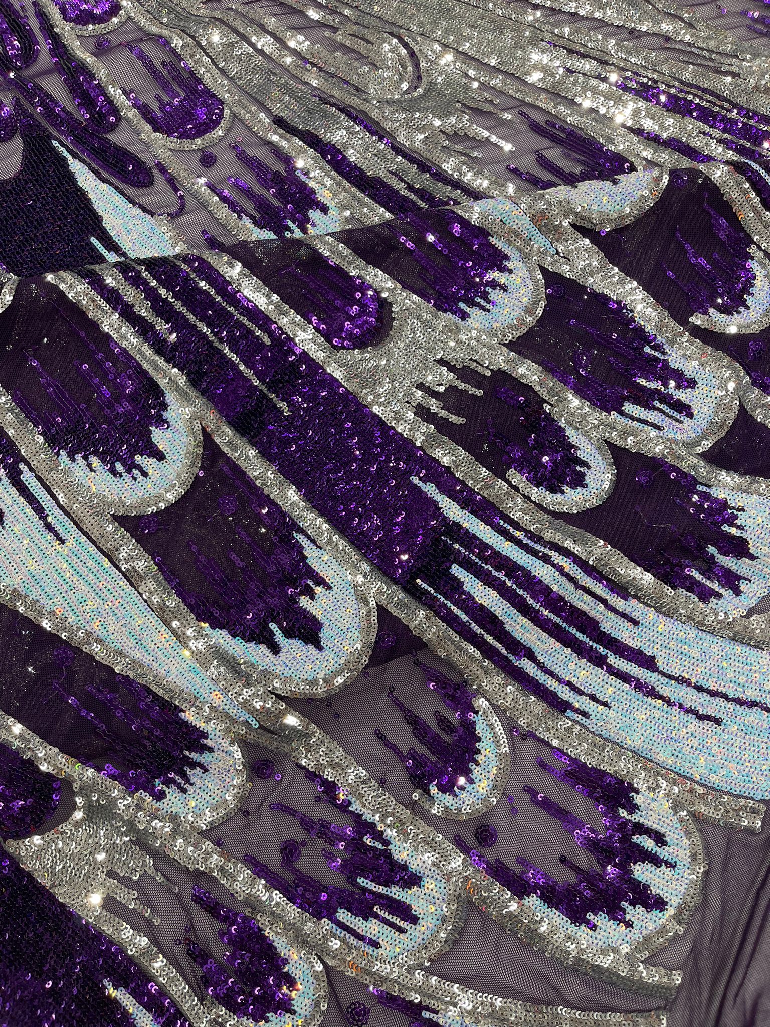 Iridescent Feather sequin design 4 way stretch mesh Fabric-prom-sold by the yard.