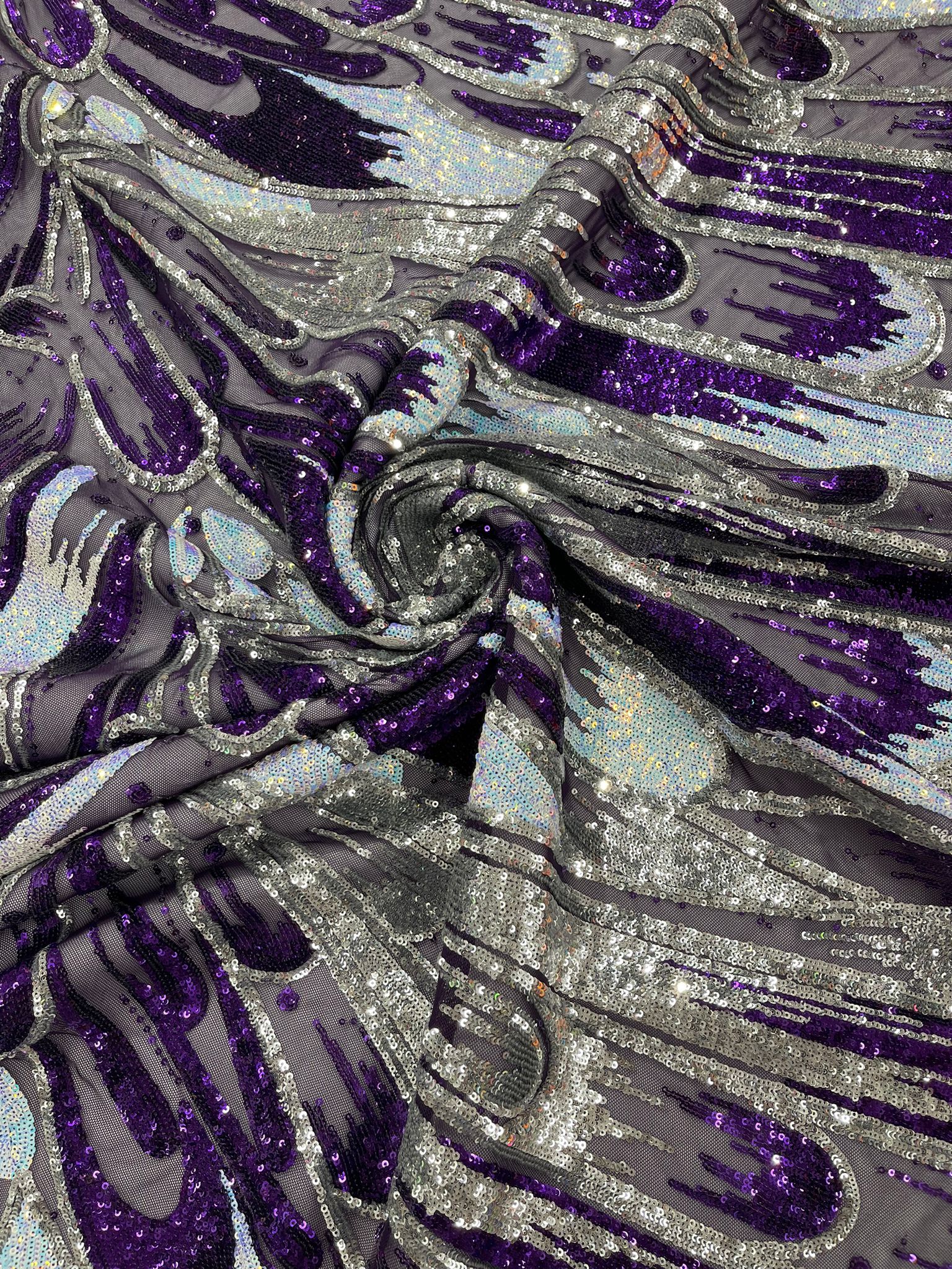 Iridescent Feather sequin design 4 way stretch mesh Fabric-prom-sold by the yard.